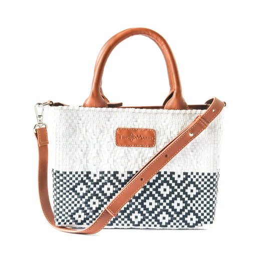 White Small Woven Crossbody Bag Adjustable Leather Strap Tin Marin