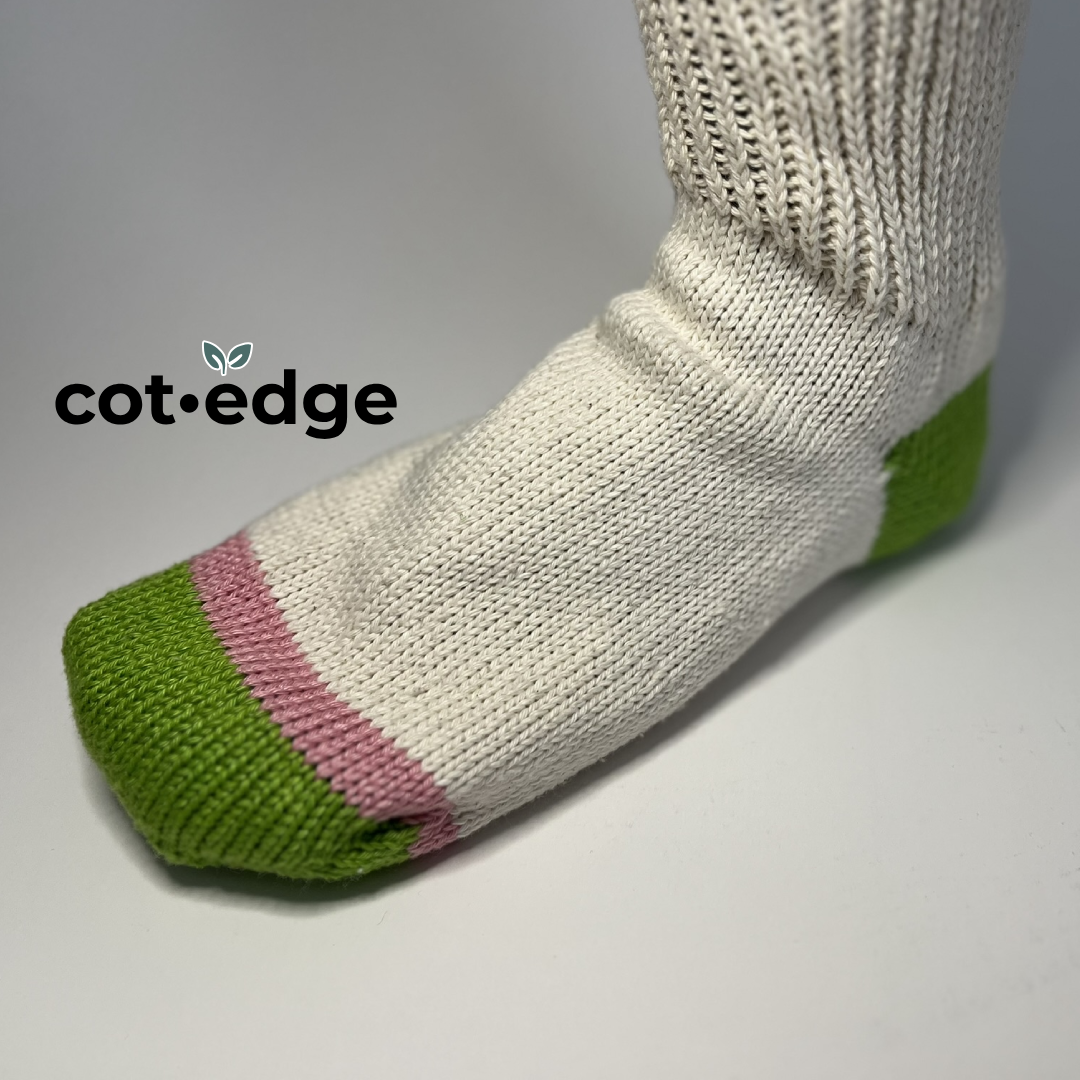 Women's 100% Cotton Crew Socks Natural Color with Green Heel and Toe