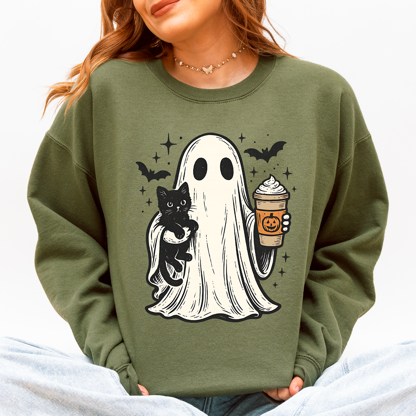 Pumpkin Spice Latte Ghost, Witch, Halloween, Cat, Bats Sweatshirt