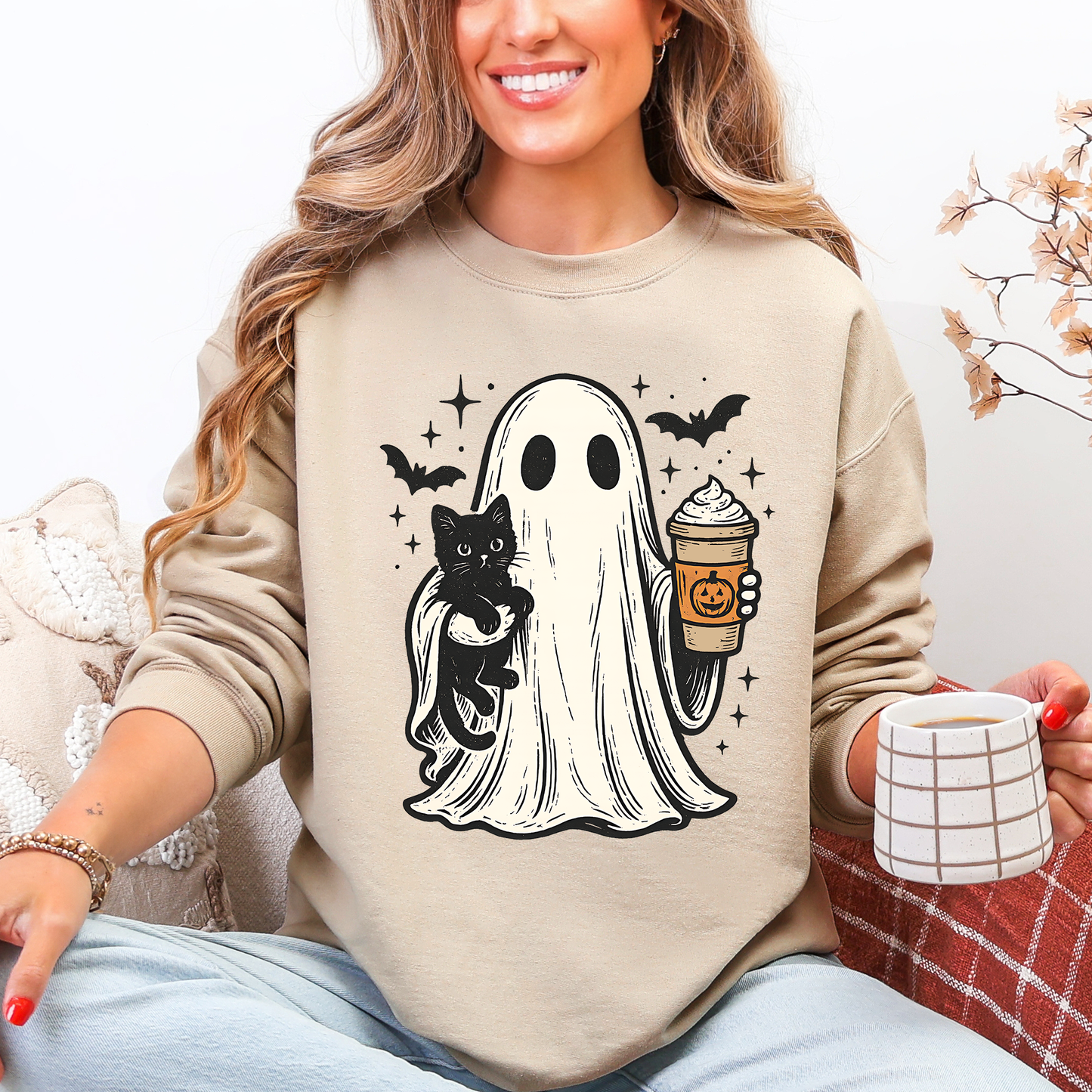 Pumpkin Spice Latte Ghost, Witch, Halloween, Cat, Bats Sweatshirt