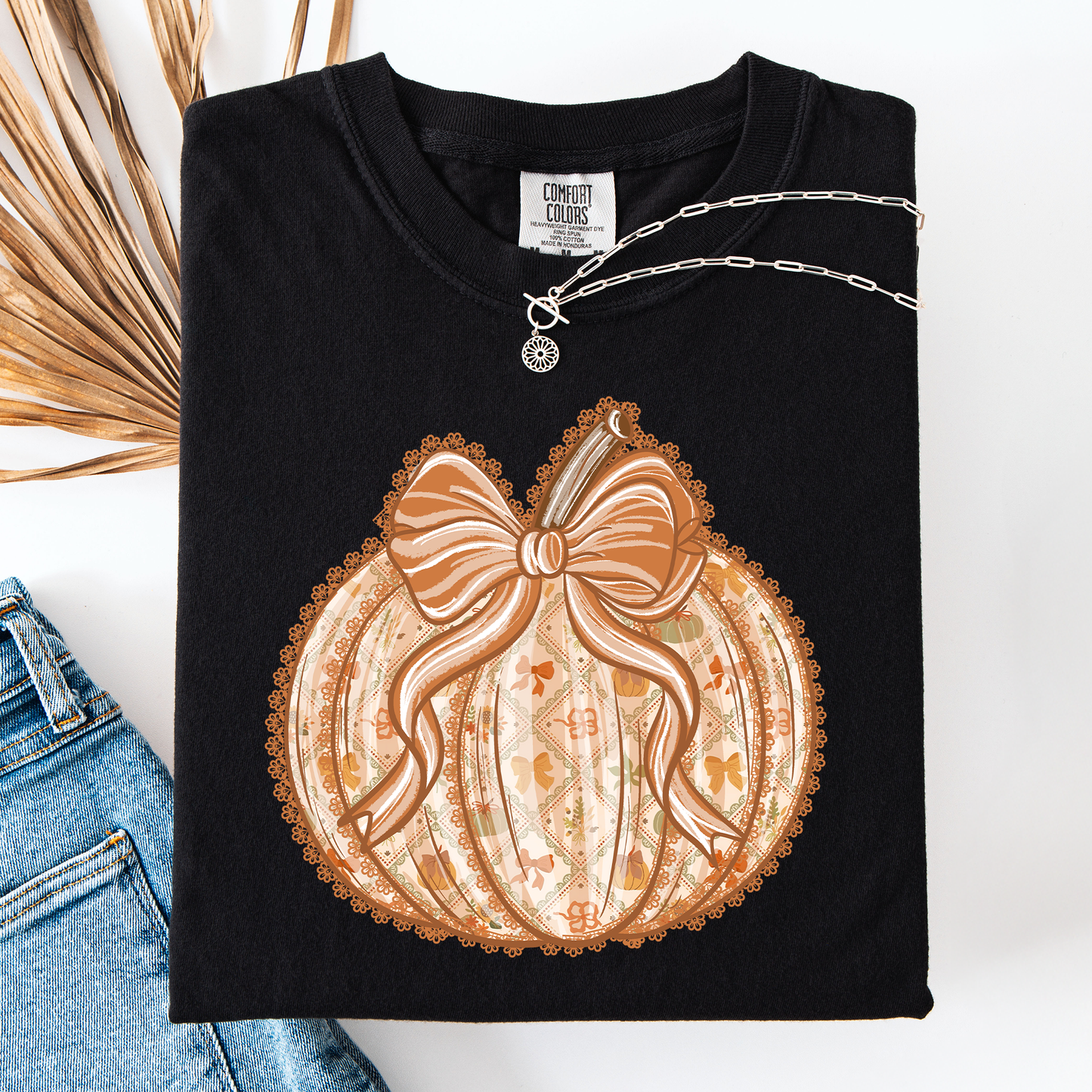 Pumpkin, Faux Lace, Coquette, Pattern, Halloween, Autumn, Fall, Comfort Colors T-Shirt