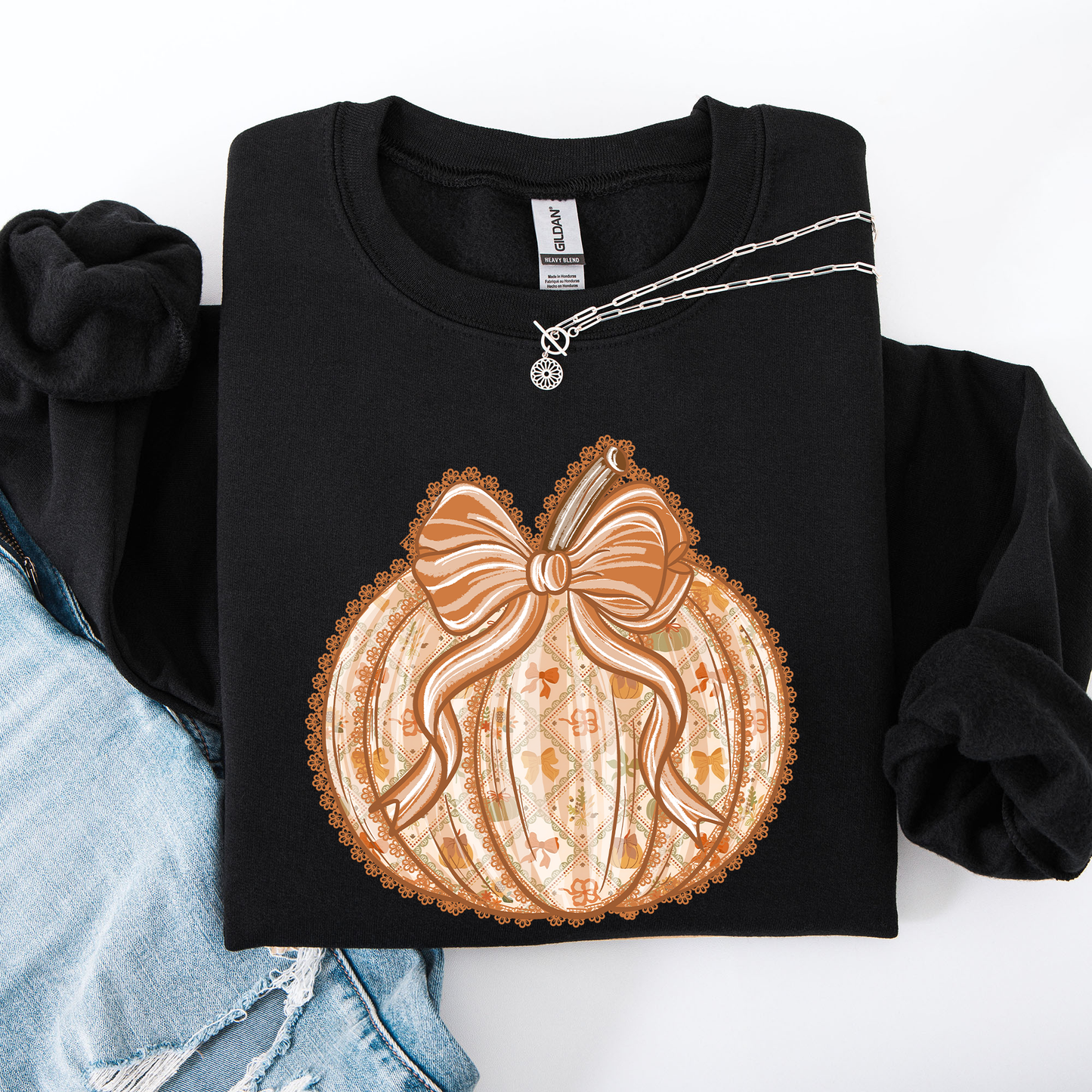 Pumpkin, Faux Lace, Coquette, Pattern, Halloween, Autumn, Fall Sweatshirt