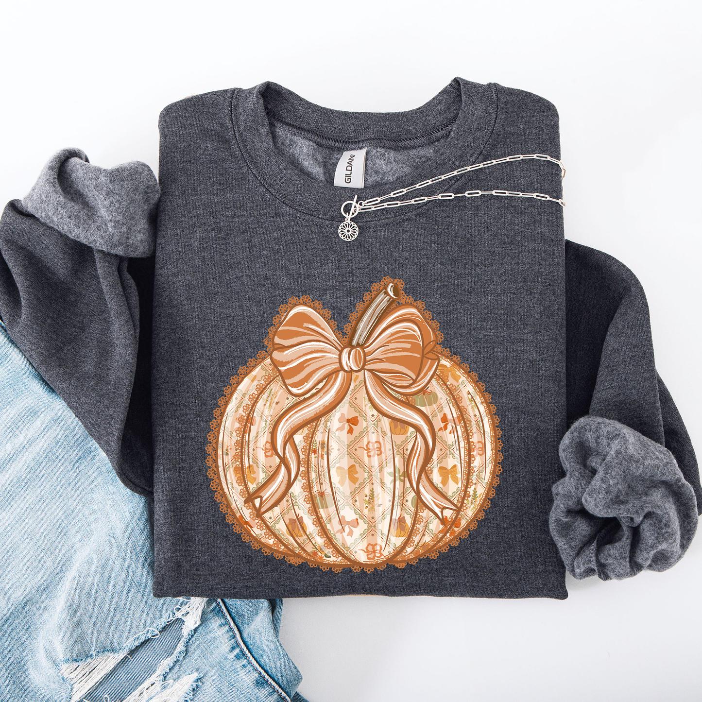 Pumpkin, Faux Lace, Coquette, Pattern, Halloween, Autumn, Fall Sweatshirt