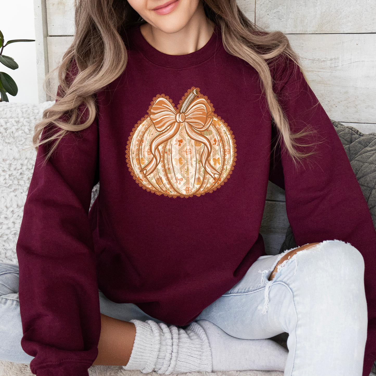 Pumpkin, Faux Lace, Coquette, Pattern, Halloween, Autumn, Fall Sweatshirt