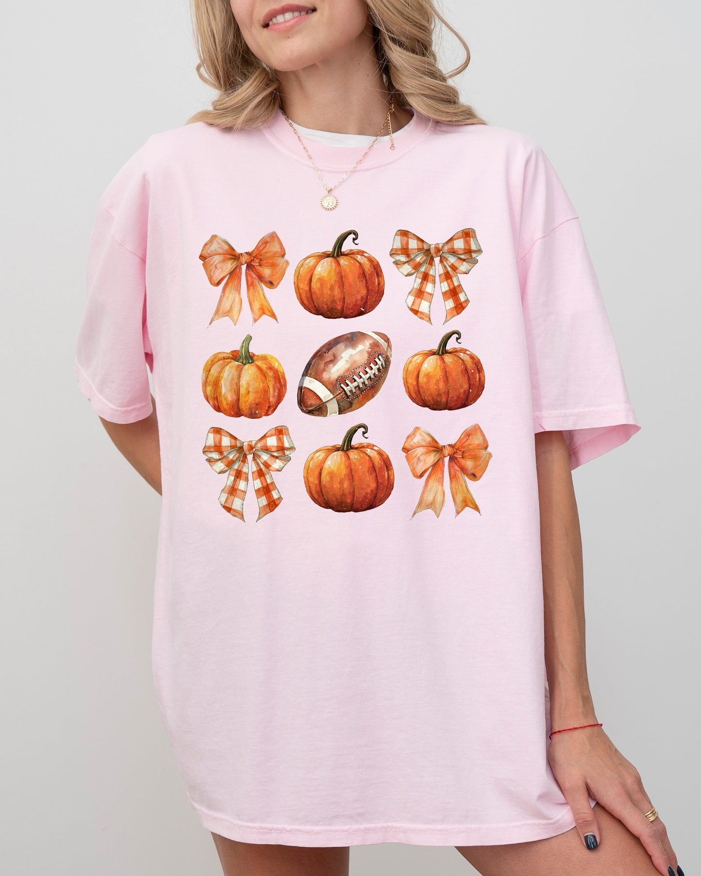 Pumpkin, Football, Bows, Ribbons, Fall, Autumn, Thanksgiving, Halloween, Sports, Touch Down, Coquette Shirt Comfort Colors T-Shirt