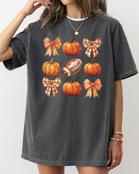 Pumpkin, Football, Bows, Ribbons, Fall, Autumn, Thanksgiving, Halloween, Sports, Touch Down, Coquette Shirt Comfort Colors T-Shirt