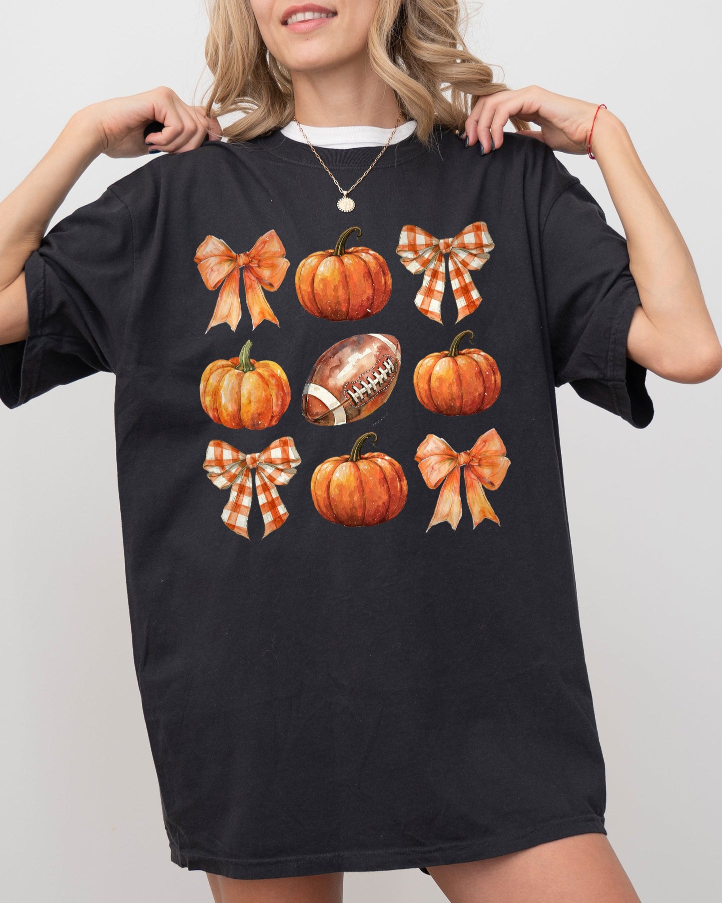 Pumpkin, Football, Bows, Ribbons, Fall, Autumn, Thanksgiving, Halloween, Sports, Touch Down, Coquette Shirt Comfort Colors T-Shirt