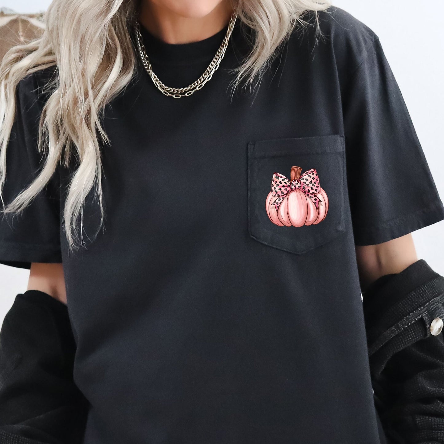 Pumpkin, Leopard Print Bow, Autumn, Halloween, Pocket Tee Comfort Colors T-Shirt