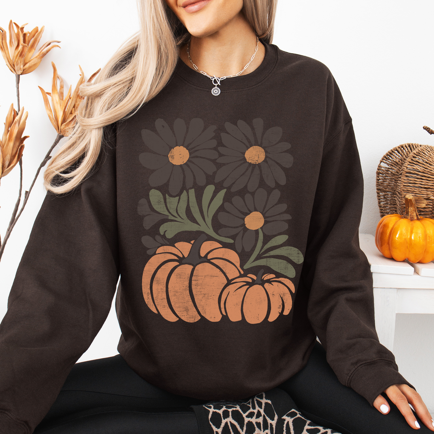 Pumpkins and Flowers, Watercolor, Halloween, Beautiful, Autumn, Fall Sweatshirt