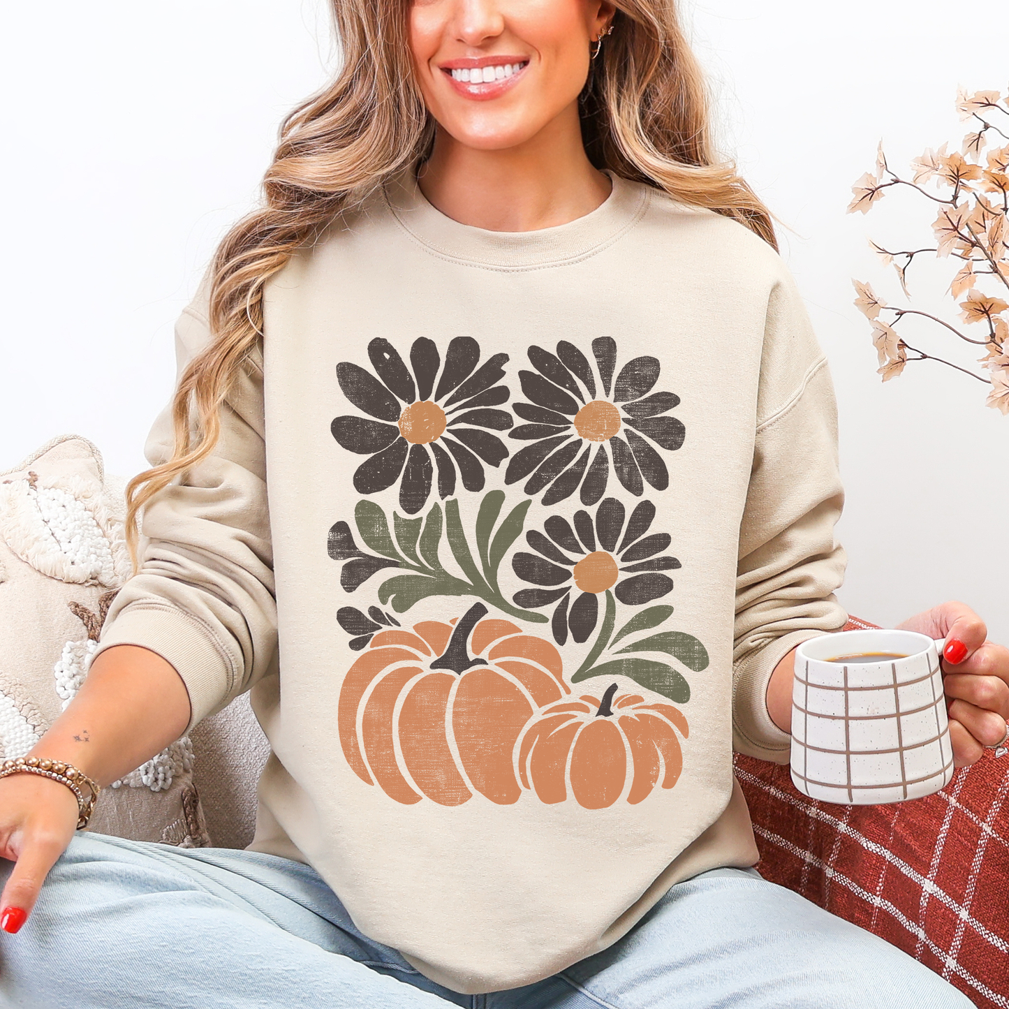 Pumpkins and Flowers, Watercolor, Halloween, Beautiful, Autumn, Fall Sweatshirt