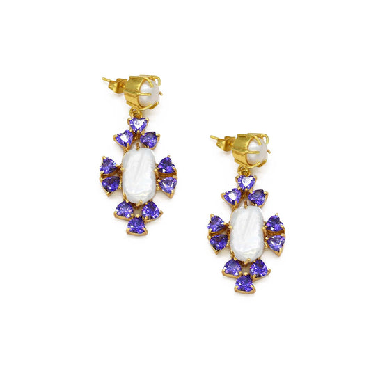 Purple Cubic Zirconia Baroque Pearls Earrings 18k Gold Plated ADIBA