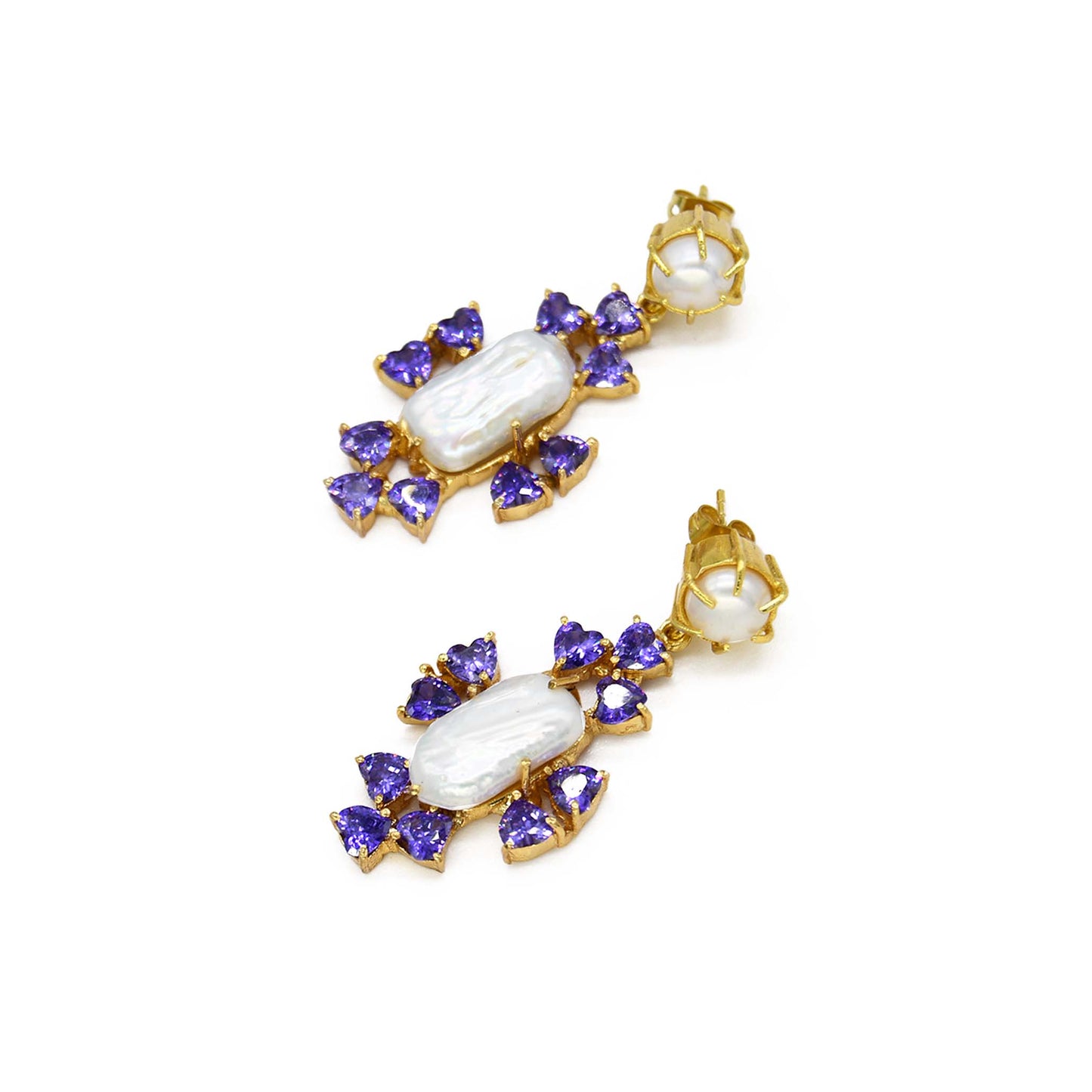 Purple Cubic Zirconia Baroque Pearls Earrings 18k Gold Plated ADIBA