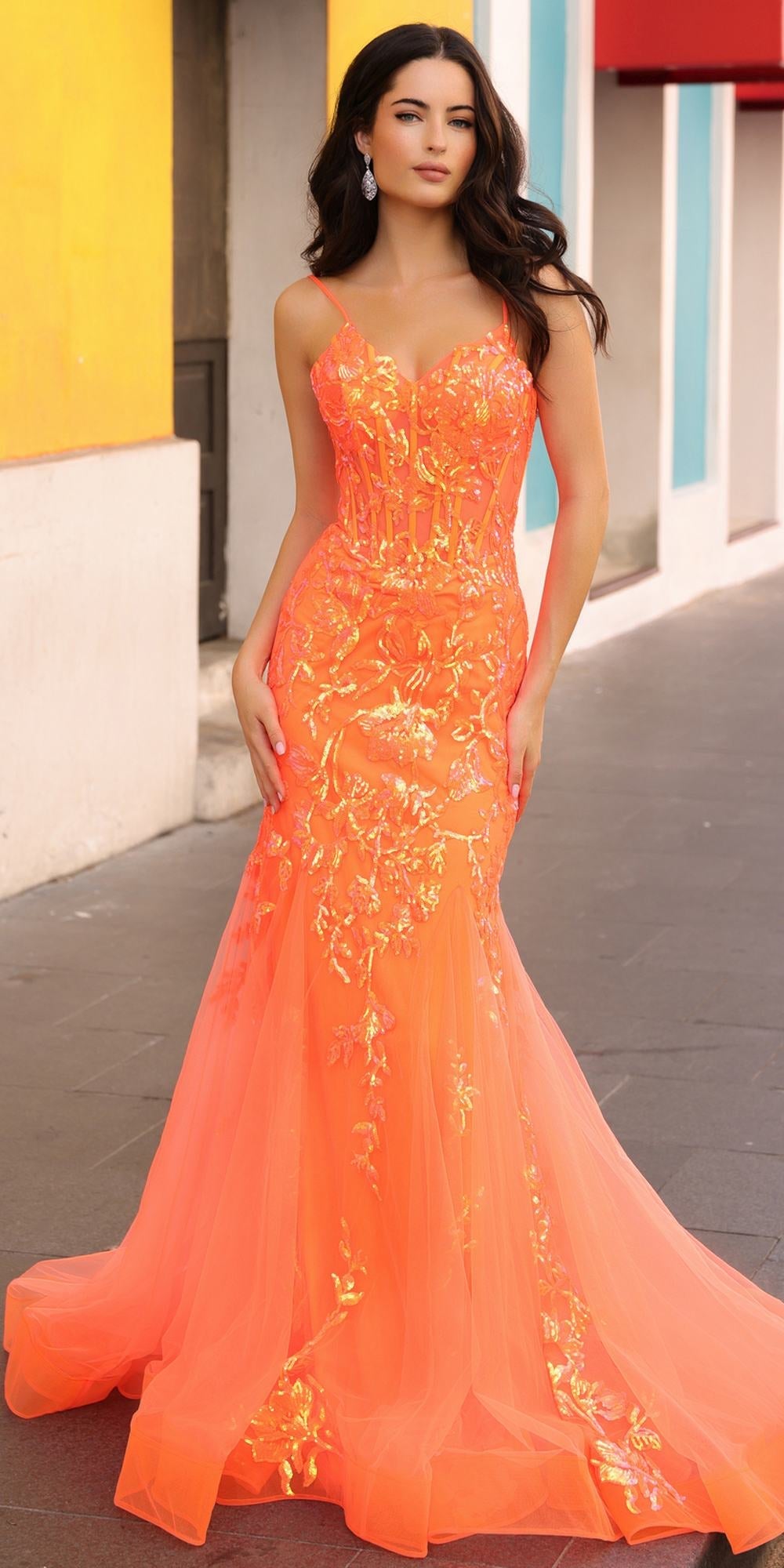 Nox Anabel Q1390 Long Fitted Sequin Applique Trumpet Skirt Gown