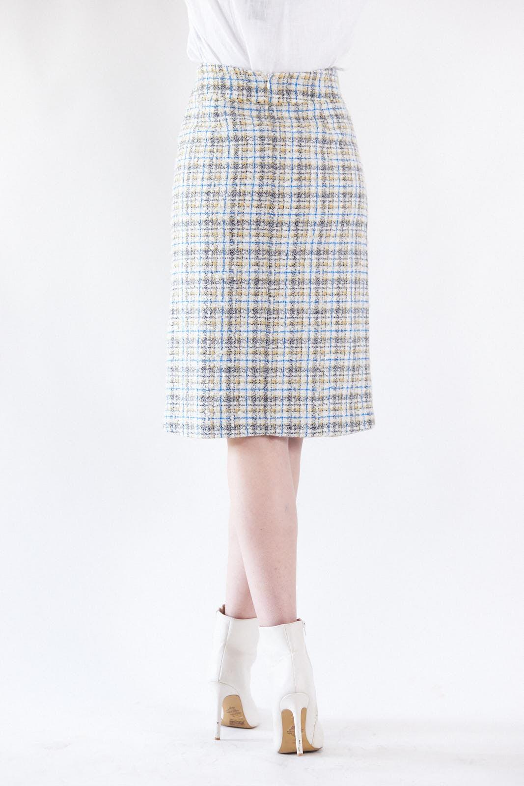 Luxe Plaid Tweed Pencil Skirt White Gold Blue Women’s Chic Tweed Skirt