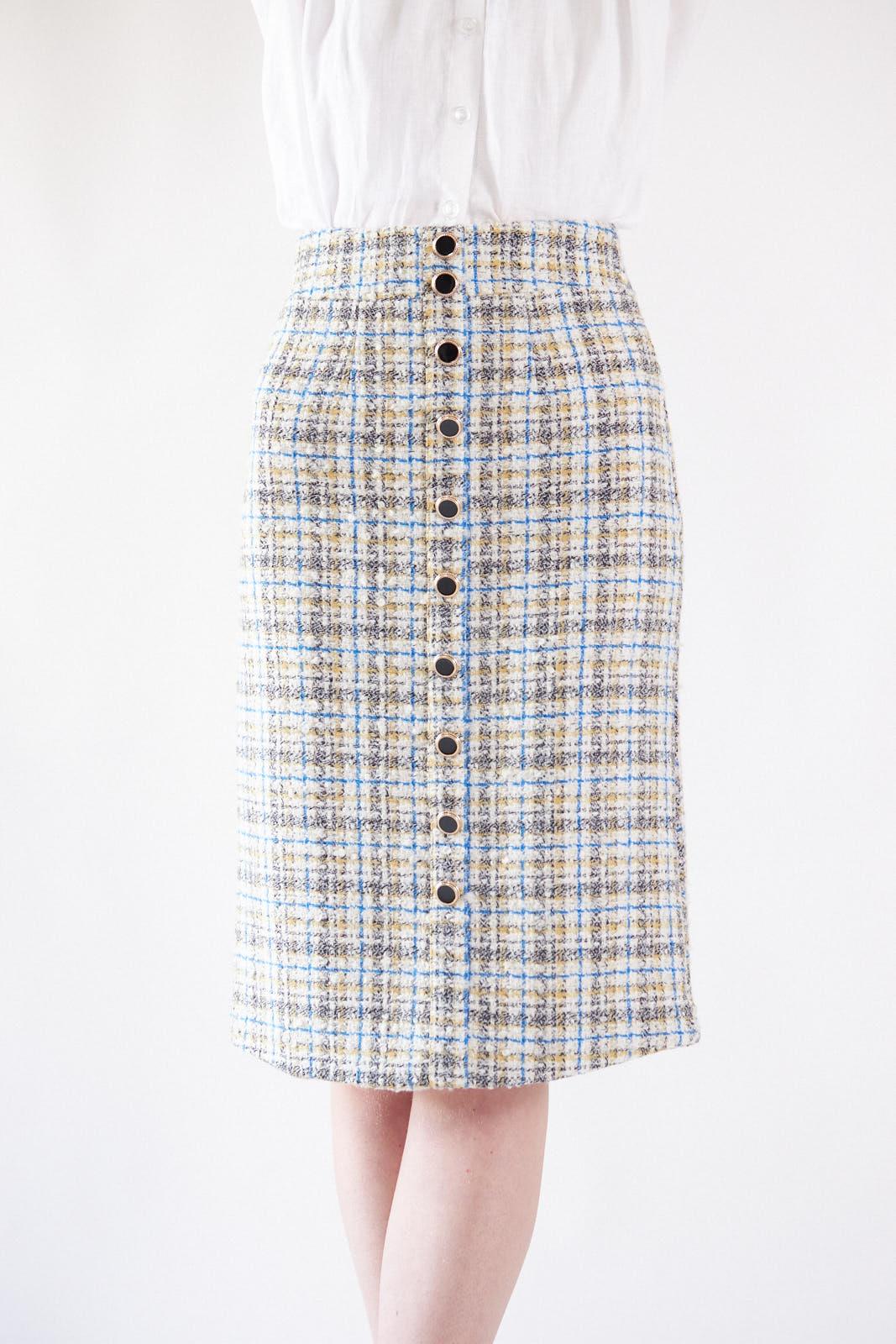 Luxe Plaid Tweed Pencil Skirt White Gold Blue Women’s Chic Tweed Skirt