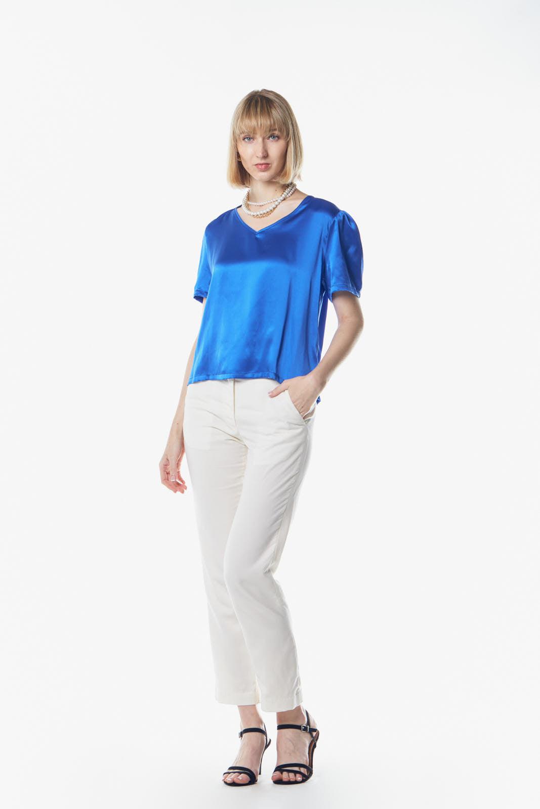 Shining Blue V-Neck Blouse Women's Elegant V-Neck Top