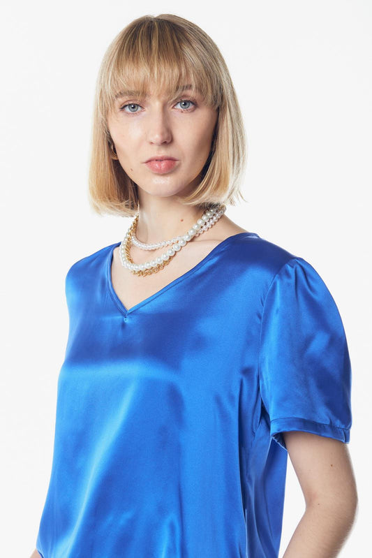 Shining Blue V-Neck Blouse Women's Elegant V-Neck Top