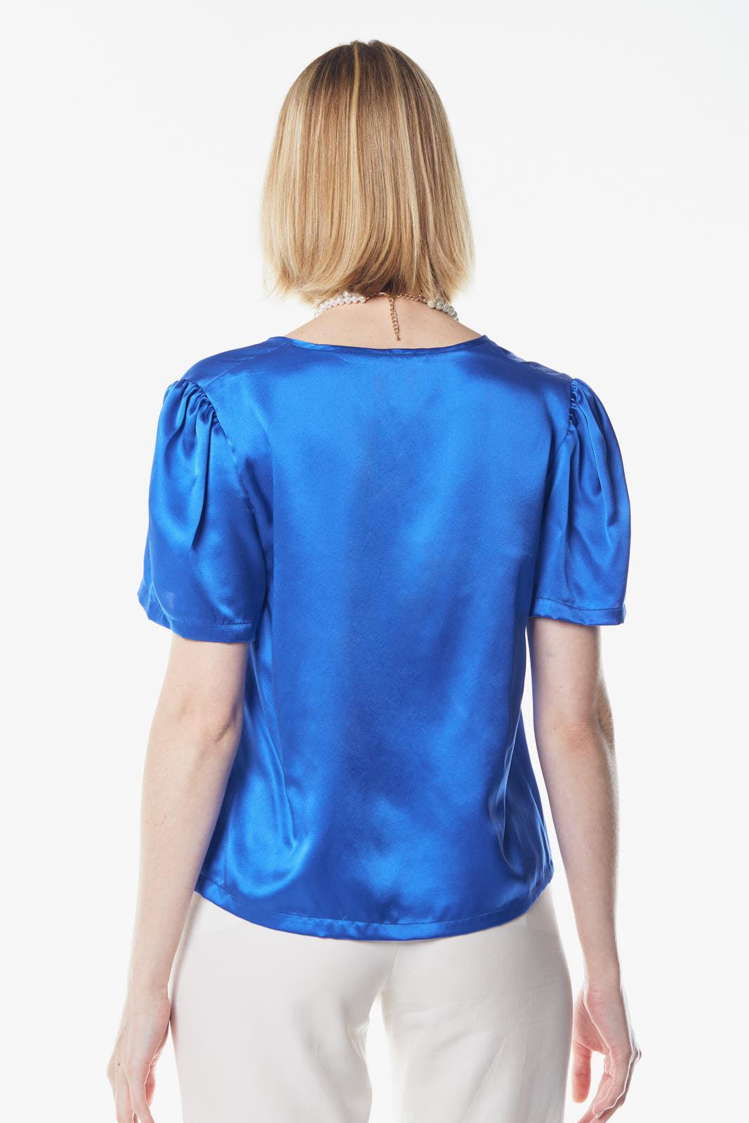 Shining Blue V-Neck Blouse Women's Elegant V-Neck Top