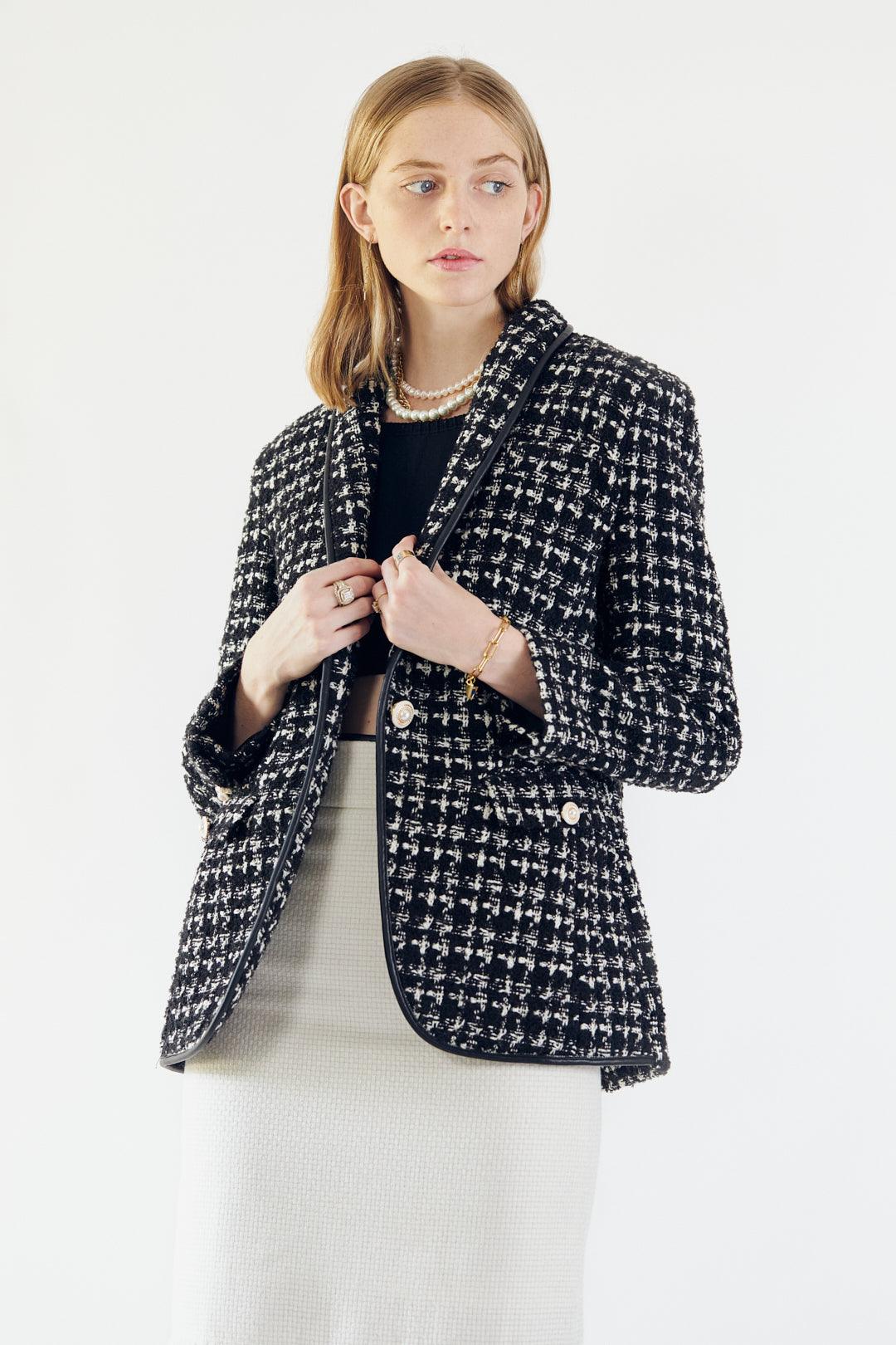Black & White Tweed Checkers Chic Tailored Blazer Women’s Le Reussi