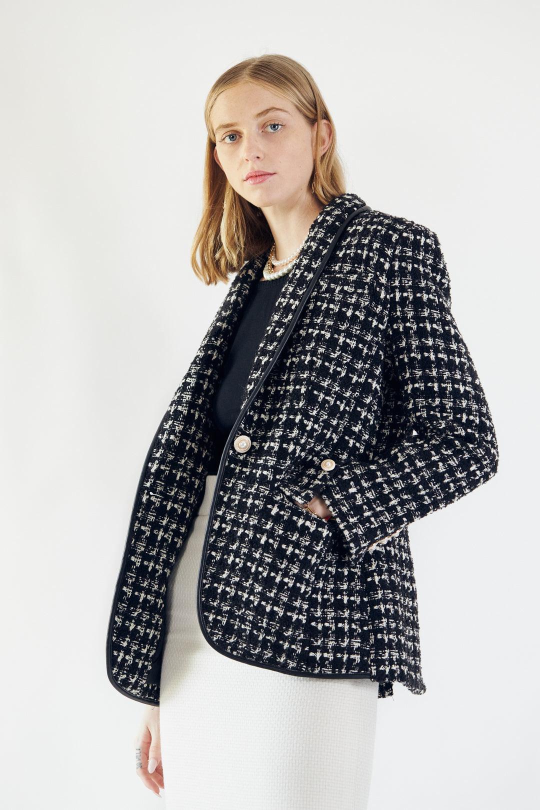 Black & White Tweed Checkers Chic Tailored Blazer Women’s Le Reussi
