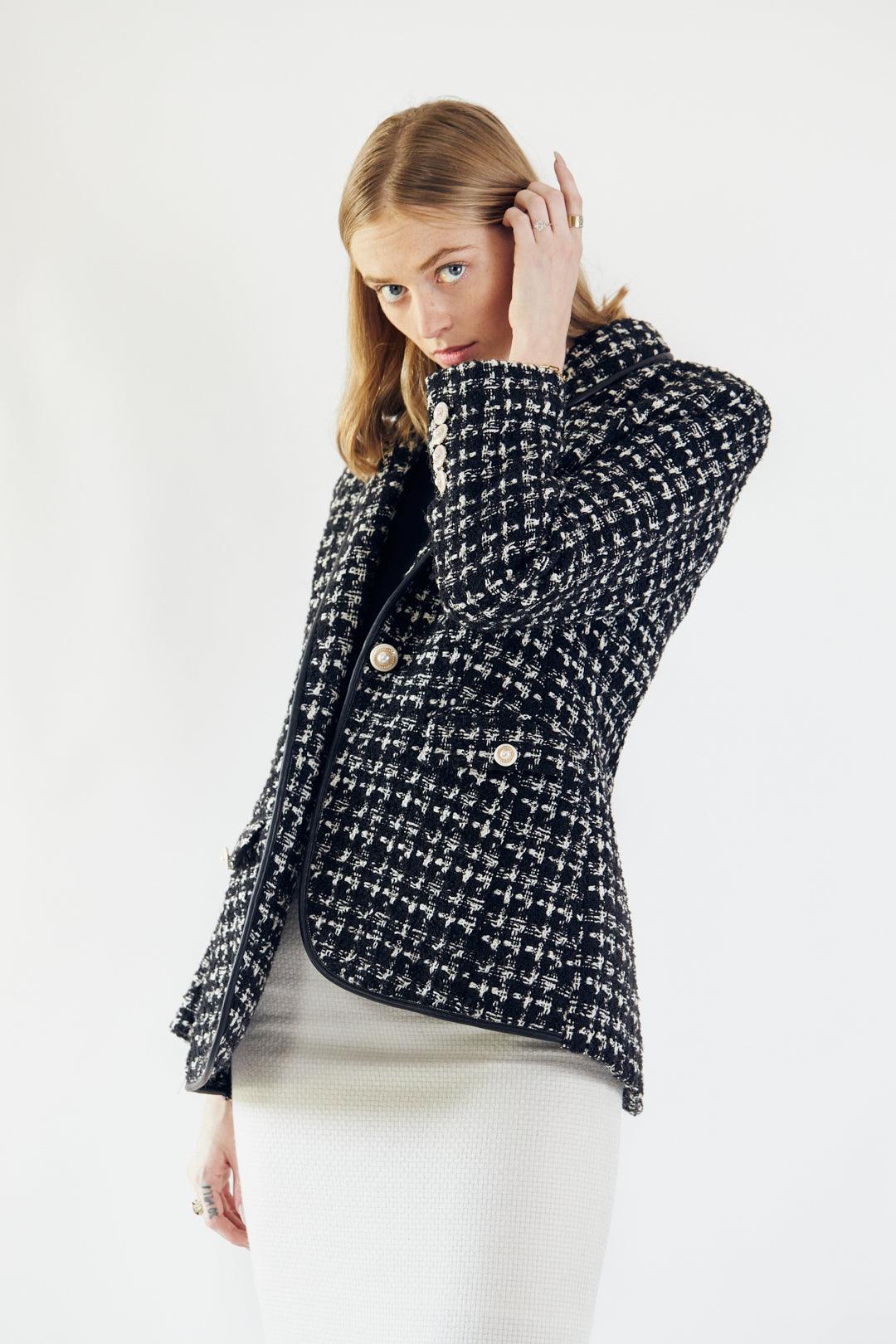 Black & White Tweed Checkers Chic Tailored Blazer Women’s Le Reussi