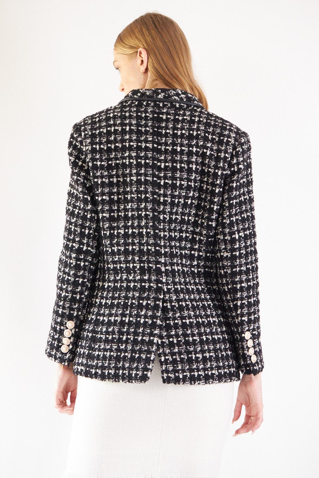 Black & White Tweed Checkers Chic Tailored Blazer Women’s Le Reussi