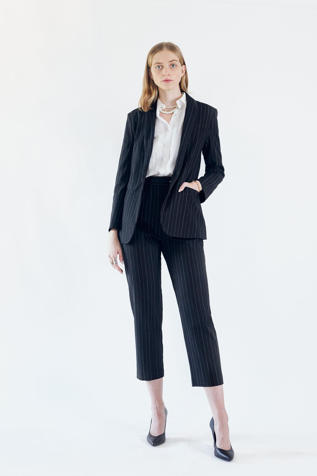 Black Pinstripes Tailored Blazer Women’s Office Jacket Le Reussi