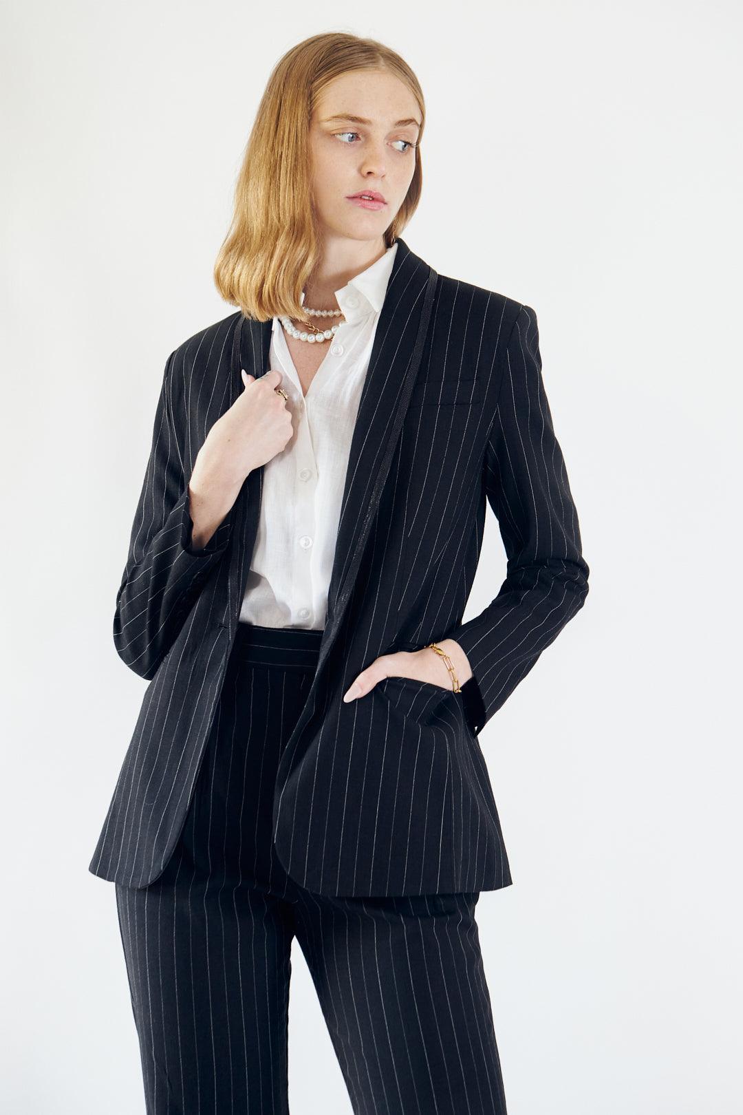 Black Pinstripes Tailored Blazer Women’s Office Jacket Le Reussi