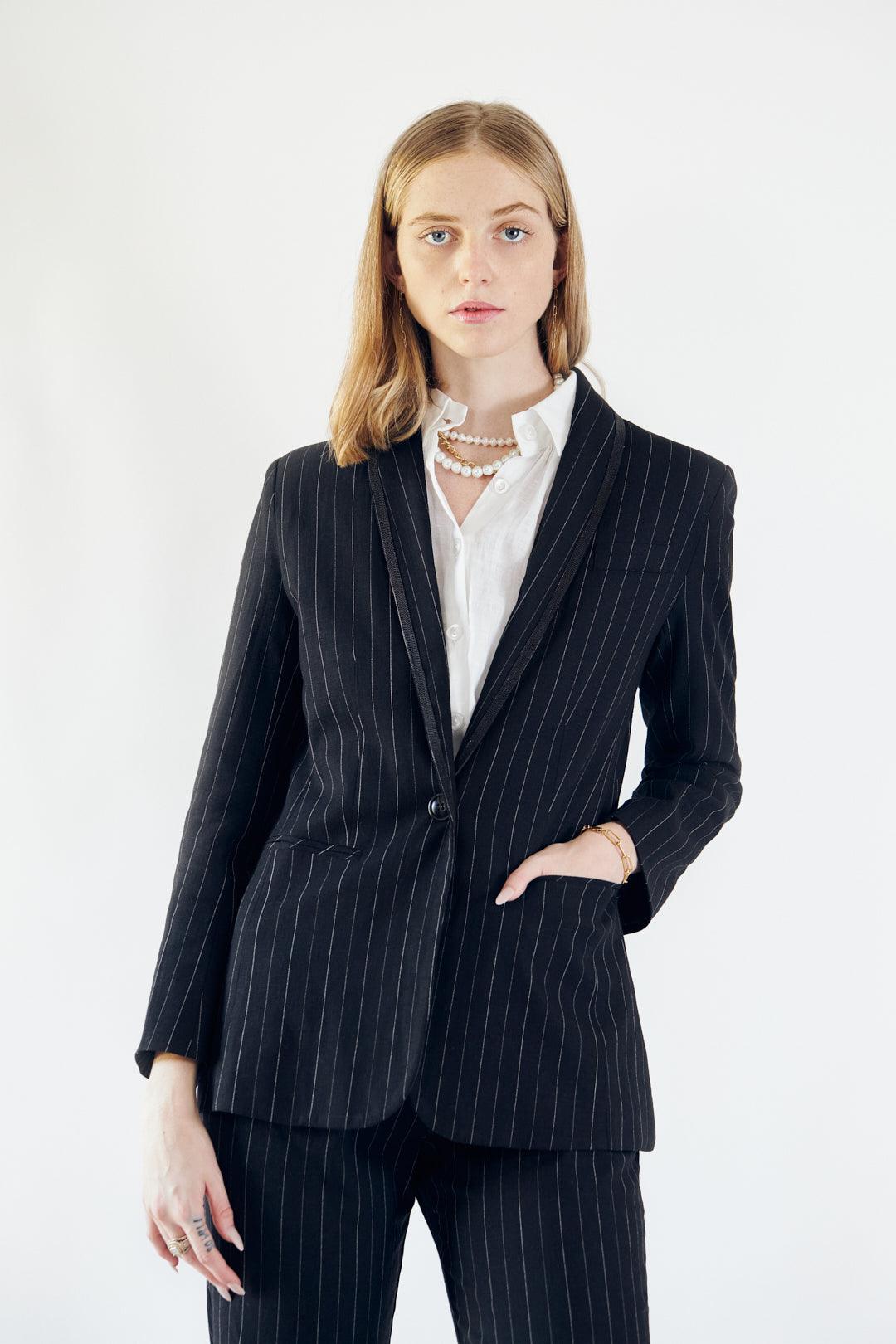 Black Pinstripes Tailored Blazer Women’s Office Jacket Le Reussi