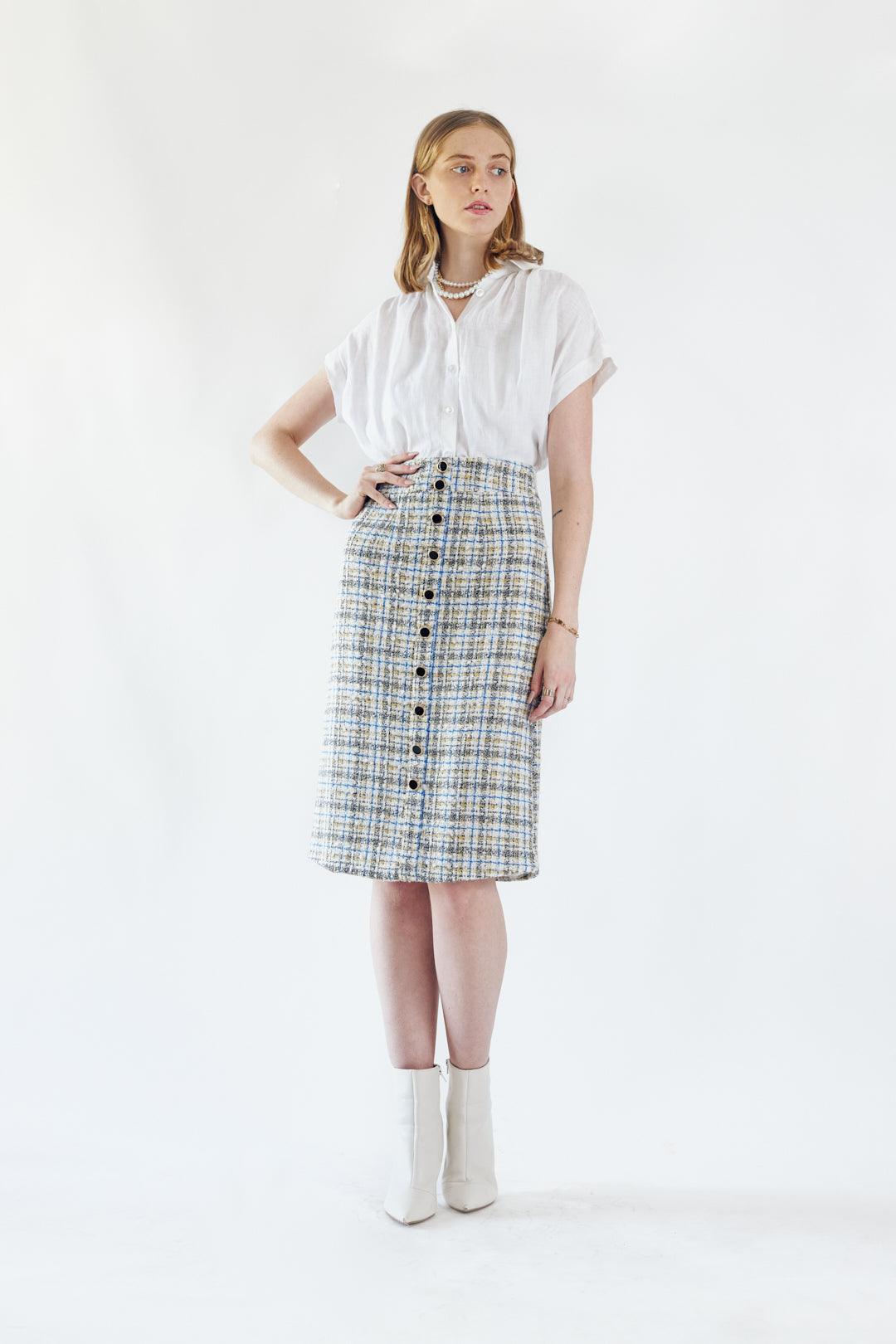 Luxe Plaid Tweed Pencil Skirt White Gold Blue Women’s Chic Tweed Skirt