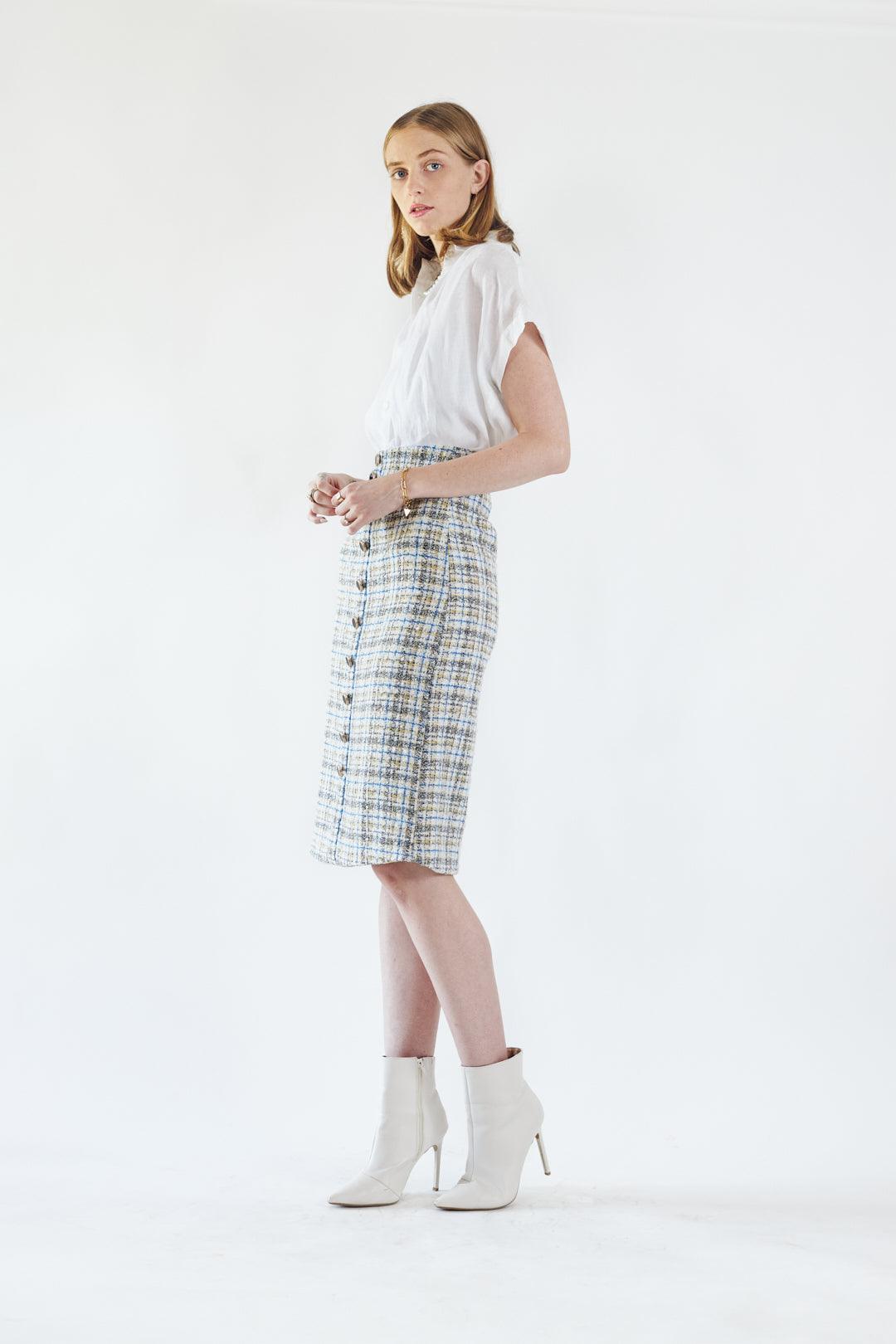 Luxe Plaid Tweed Pencil Skirt White Gold Blue Women’s Chic Tweed Skirt