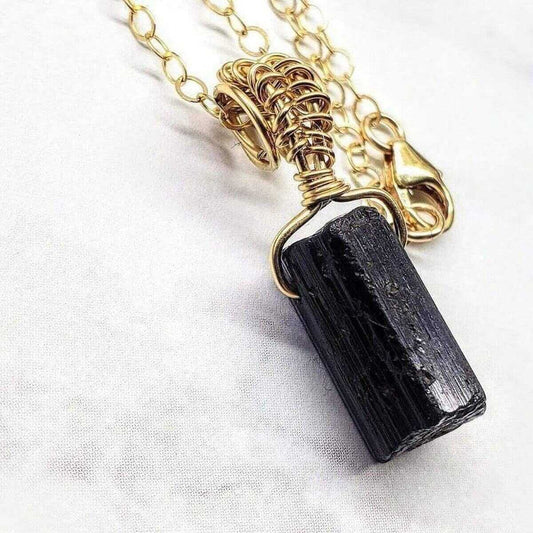Raw Black Tourmaline Gemstone Necklace 14K Gold-Filled Handmade