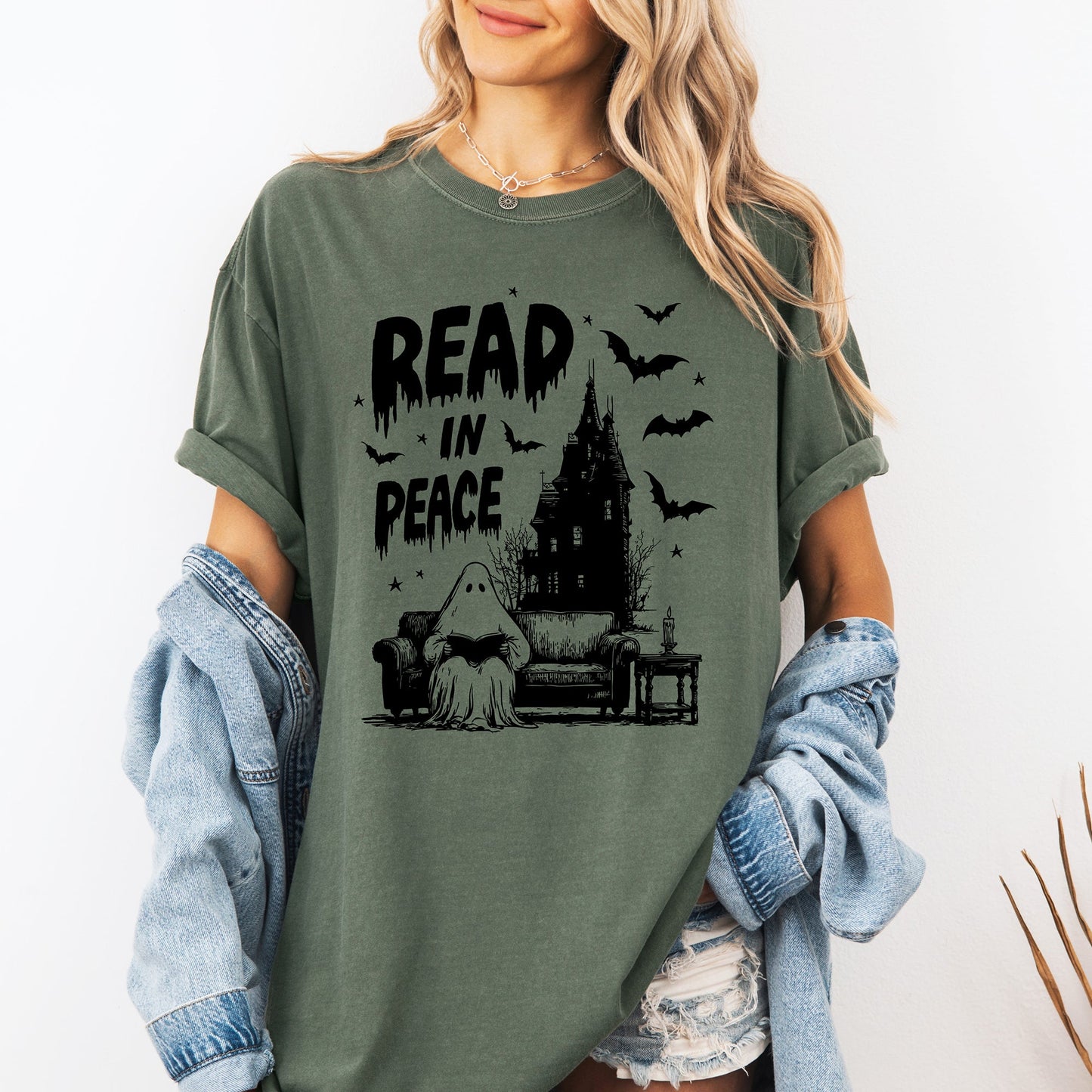 Read In Peace, Ghost, Haunted, Halloween, Spooky, Bookish, Library, Booktok, Trending Graphic Tee, Comfort Colors T-Shirt