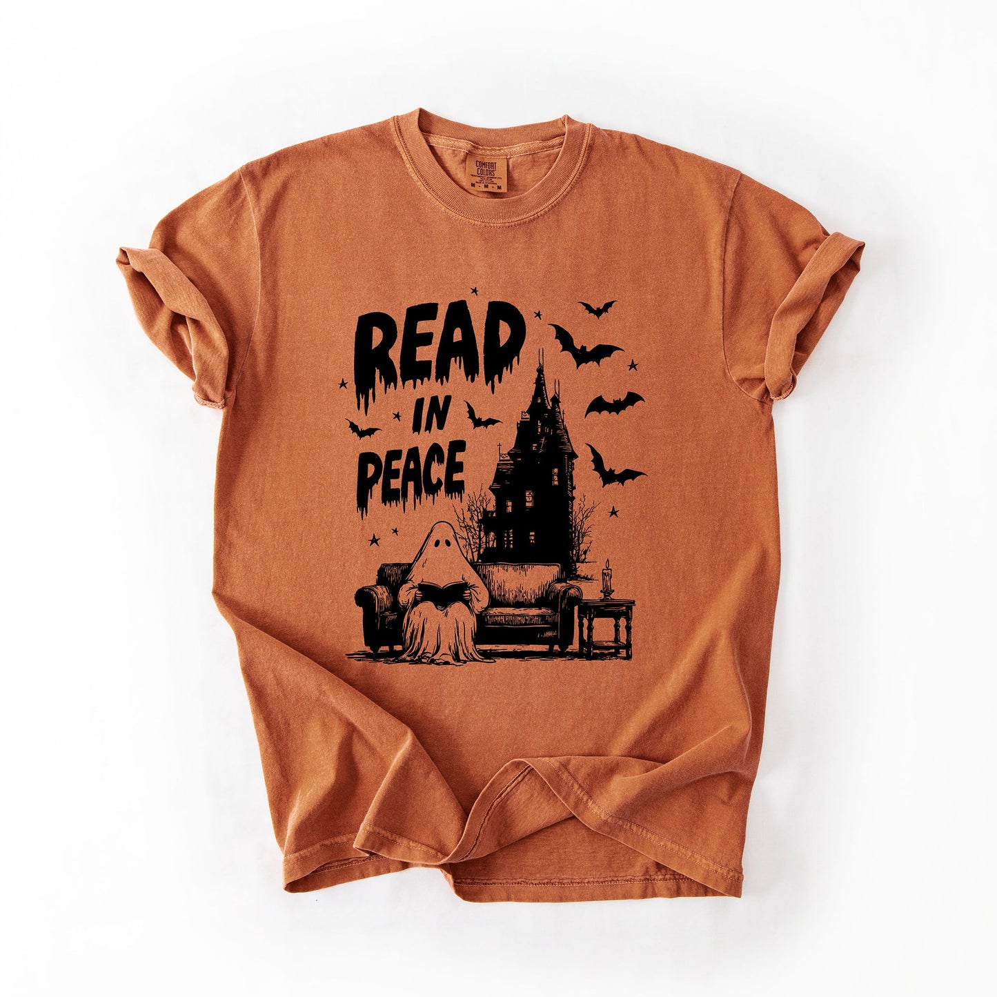 Read In Peace, Ghost, Haunted, Halloween, Spooky, Bookish, Library, Booktok, Trending Graphic Tee, Comfort Colors T-Shirt