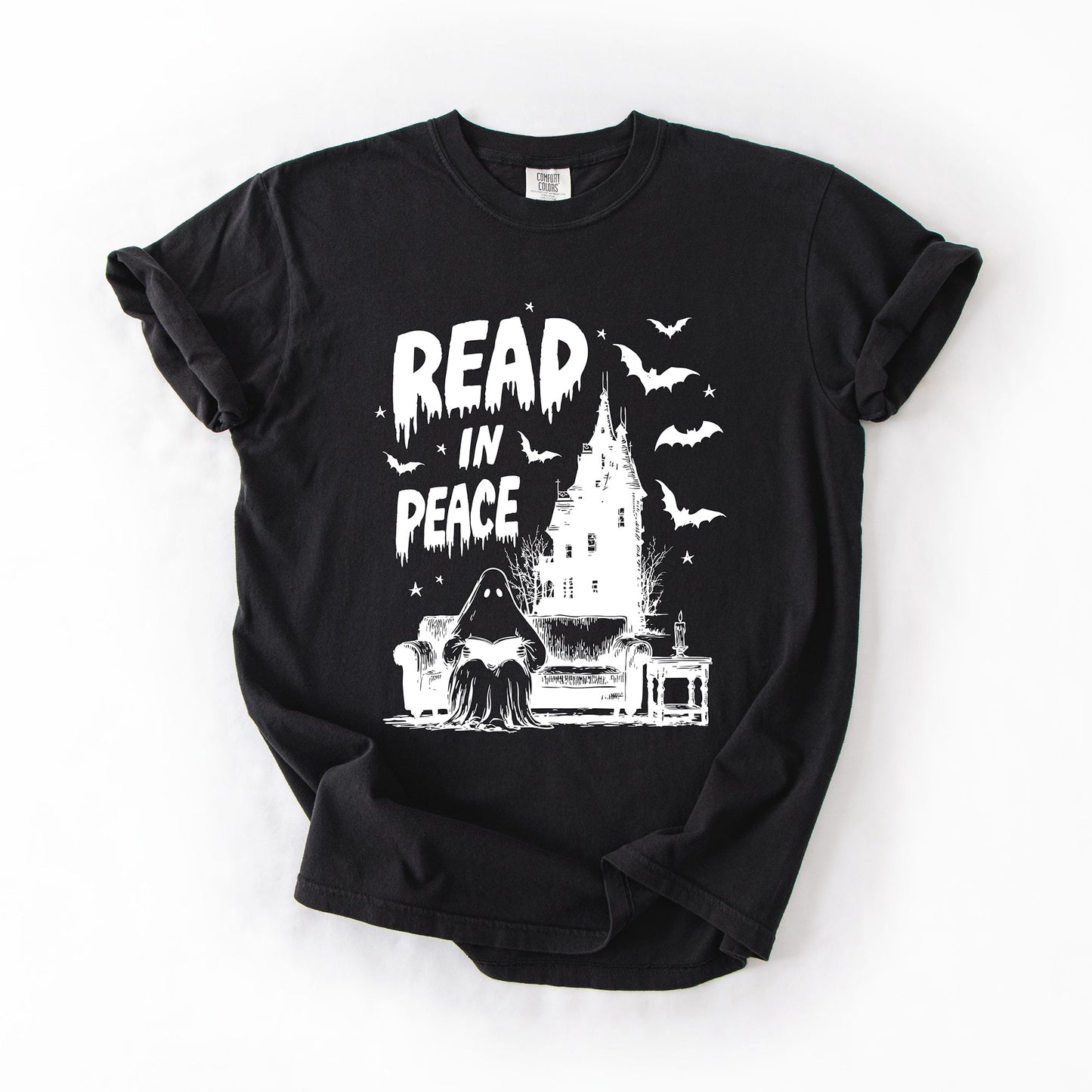 Read In Peace, Ghost, Haunted, Halloween, Spooky, Bookish, Library, Booktok, Trending Graphic Tee, Comfort Colors T-Shirt