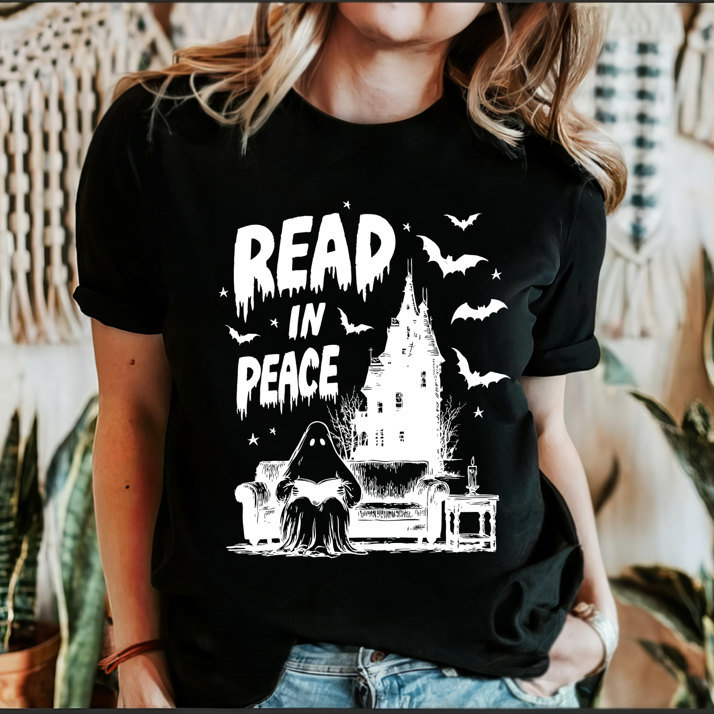Read In Peace, Ghost, Haunted, Halloween, Spooky, Bookish, Library, Booktok, Trending Graphic Tee, Black Tshirt