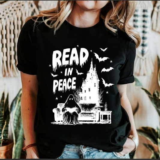 Read In Peace, Ghost, Haunted, Halloween, Spooky, Bookish, Library, Booktok, Trending Graphic Tee, Black Tshirt