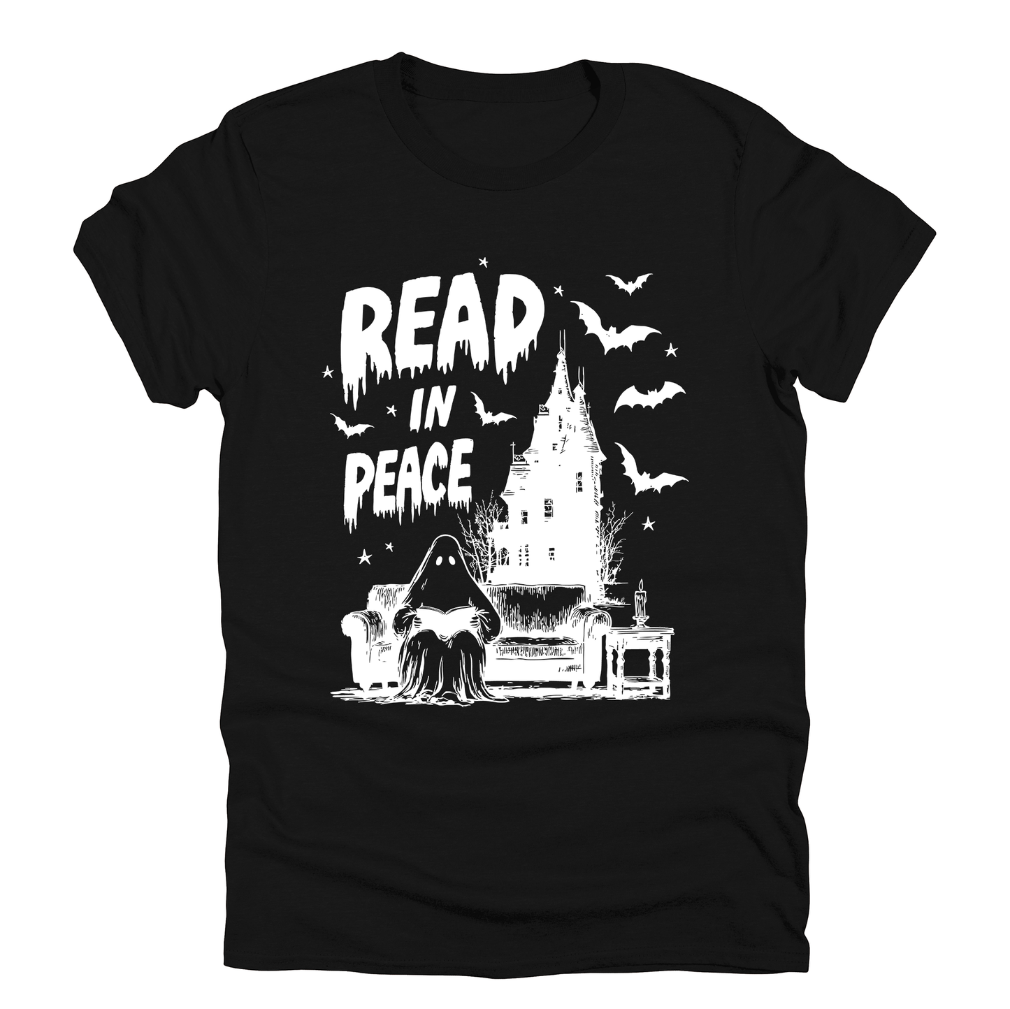 Read In Peace, Ghost, Haunted, Halloween, Spooky, Bookish, Library, Booktok, Trending Graphic Tee, Black Tshirt