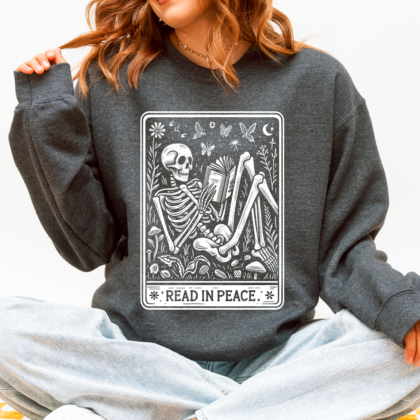 Read In Peace, Halloween, Skeleton, Tarot, Books, Library Sweatshirt