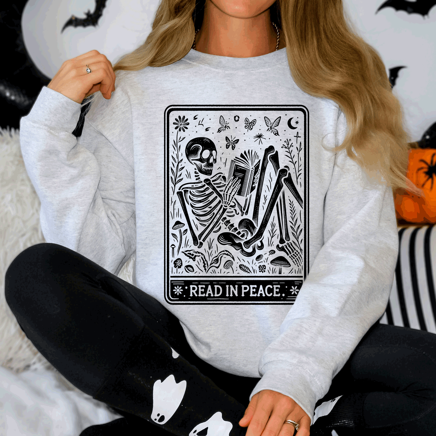 Read In Peace, Halloween, Skeleton, Tarot, Books, Library Sweatshirt