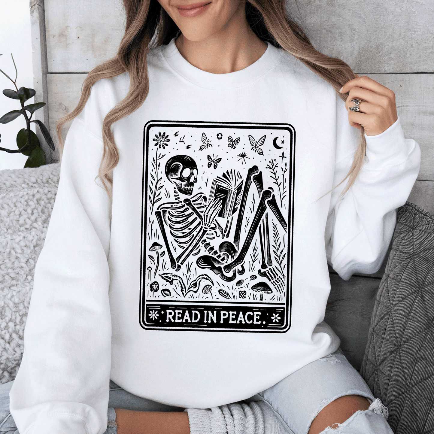 Read In Peace, Halloween, Skeleton, Tarot, Books, Library Sweatshirt