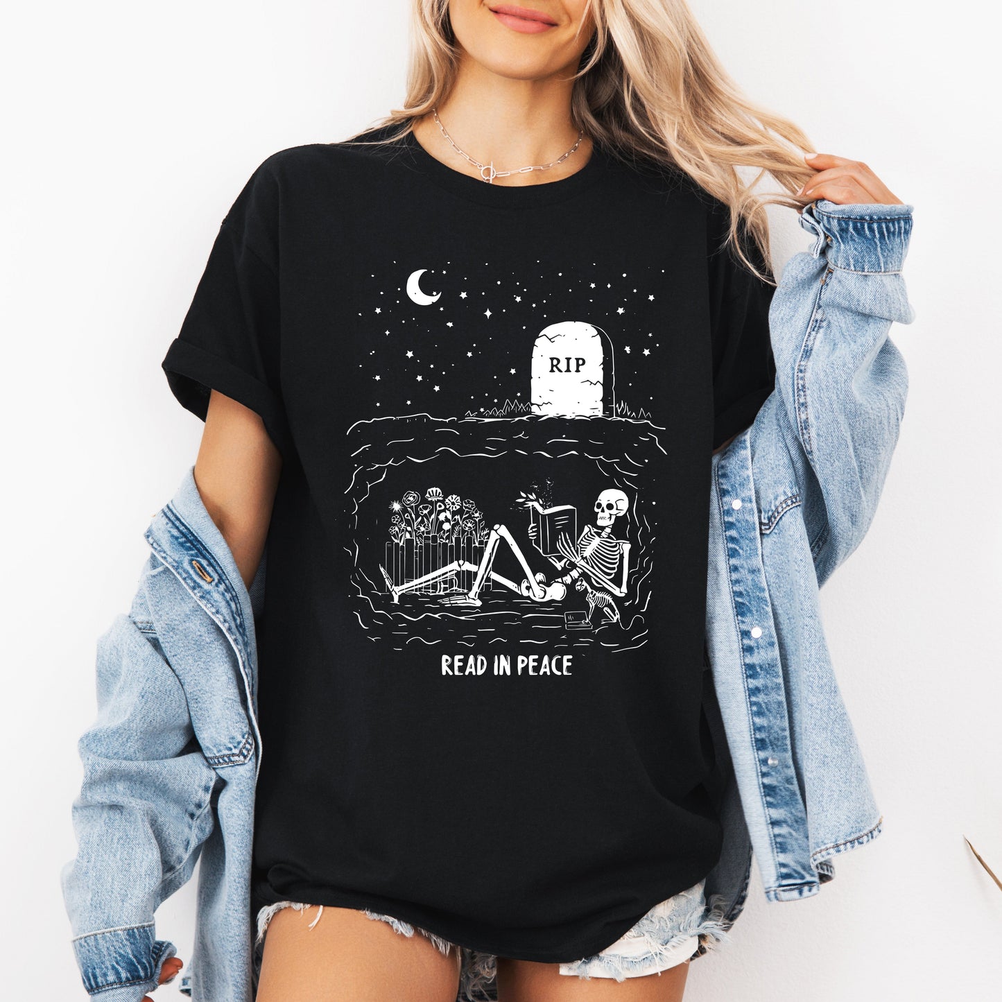Read In Peace, Skeleton, RIP, Halloween, Booktok, Bookish, Library, Trending Graphic Tee, Tshirt