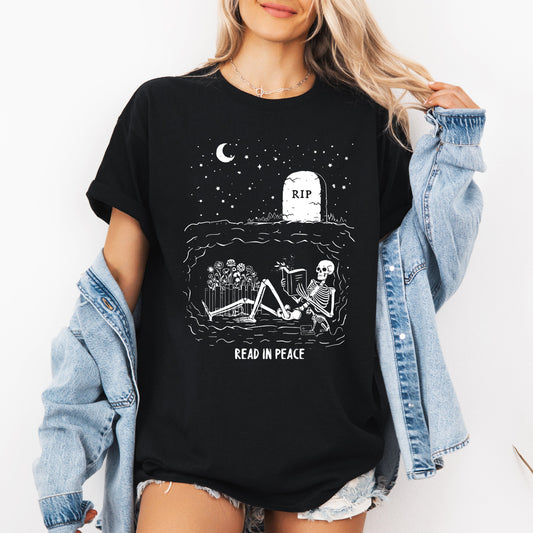 Read In Peace, Skeleton, RIP, Halloween, Booktok, Bookish, Library, Trending Graphic Tee, Tshirt