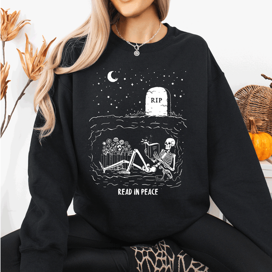 Read In Peace, Skeleton, RIP, Halloween, Booktok, Bookish, Library, Trending Graphic Sweatshirt