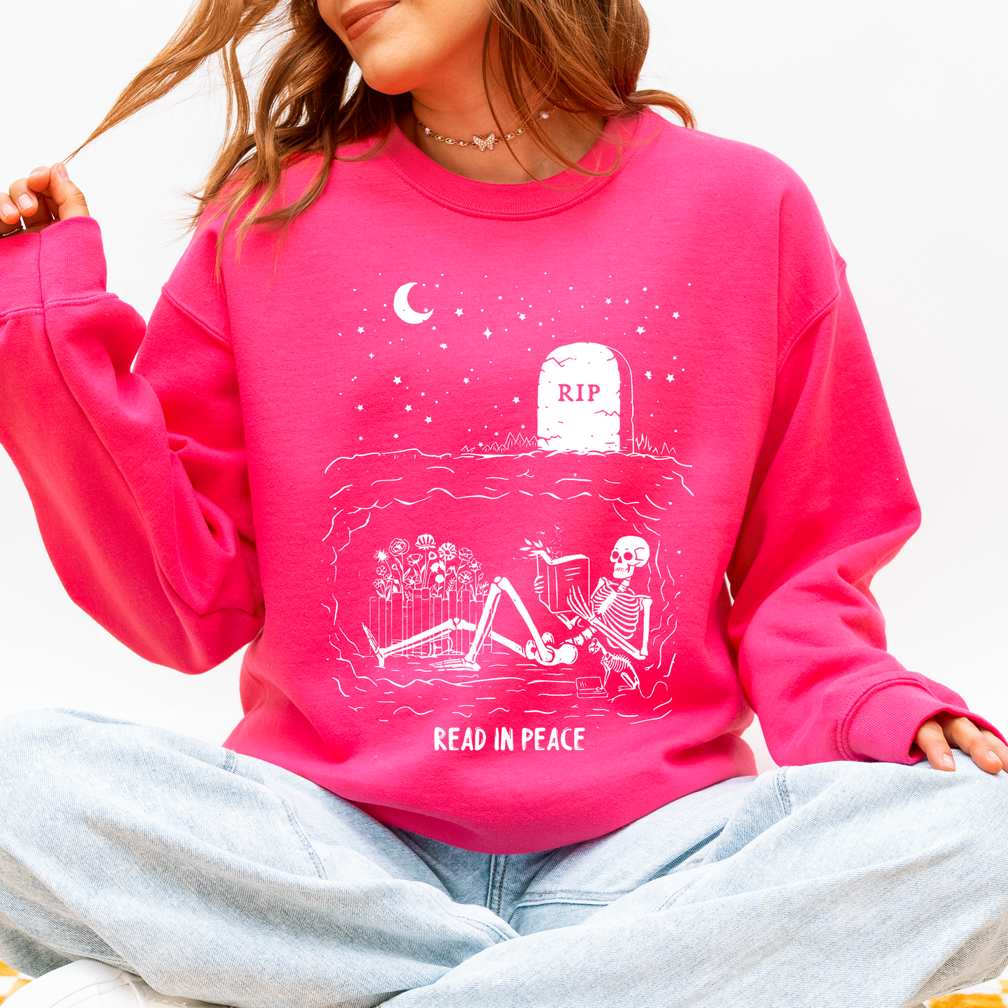 Read In Peace, Skeleton, RIP, Halloween, Booktok, Bookish, Library, Trending Graphic Sweatshirt