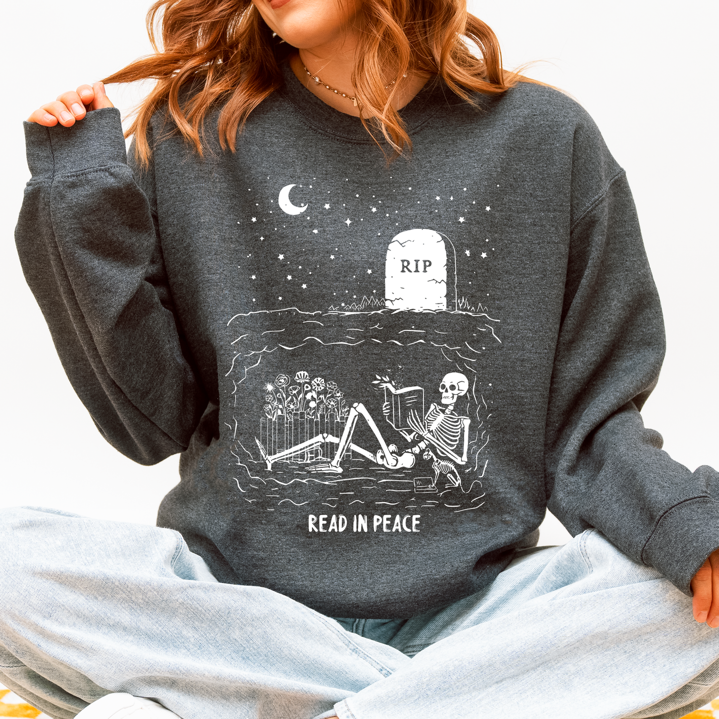 Read In Peace, Skeleton, RIP, Halloween, Booktok, Bookish, Library, Trending Graphic Sweatshirt