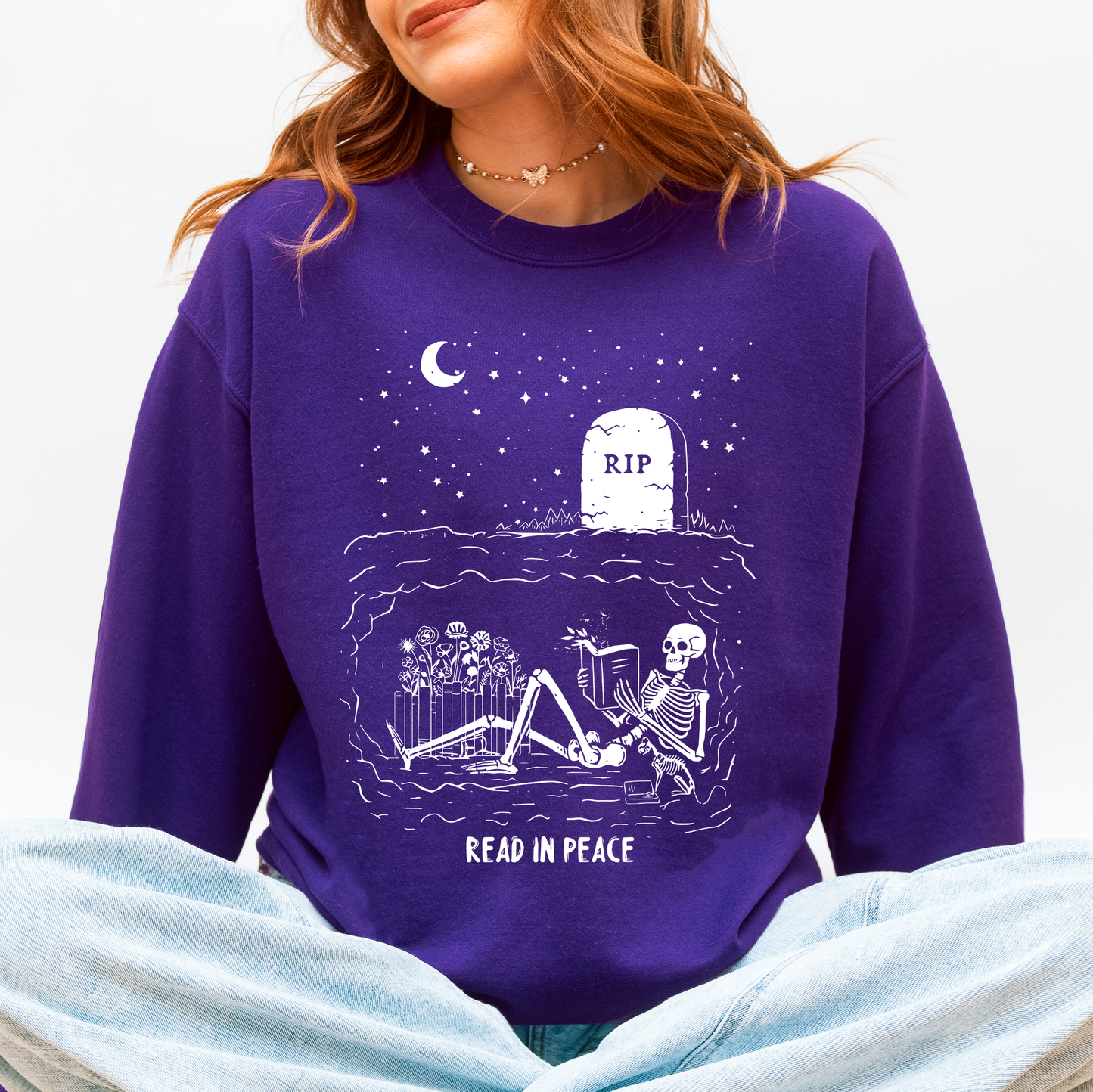 Read In Peace, Skeleton, RIP, Halloween, Booktok, Bookish, Library, Trending Graphic Sweatshirt