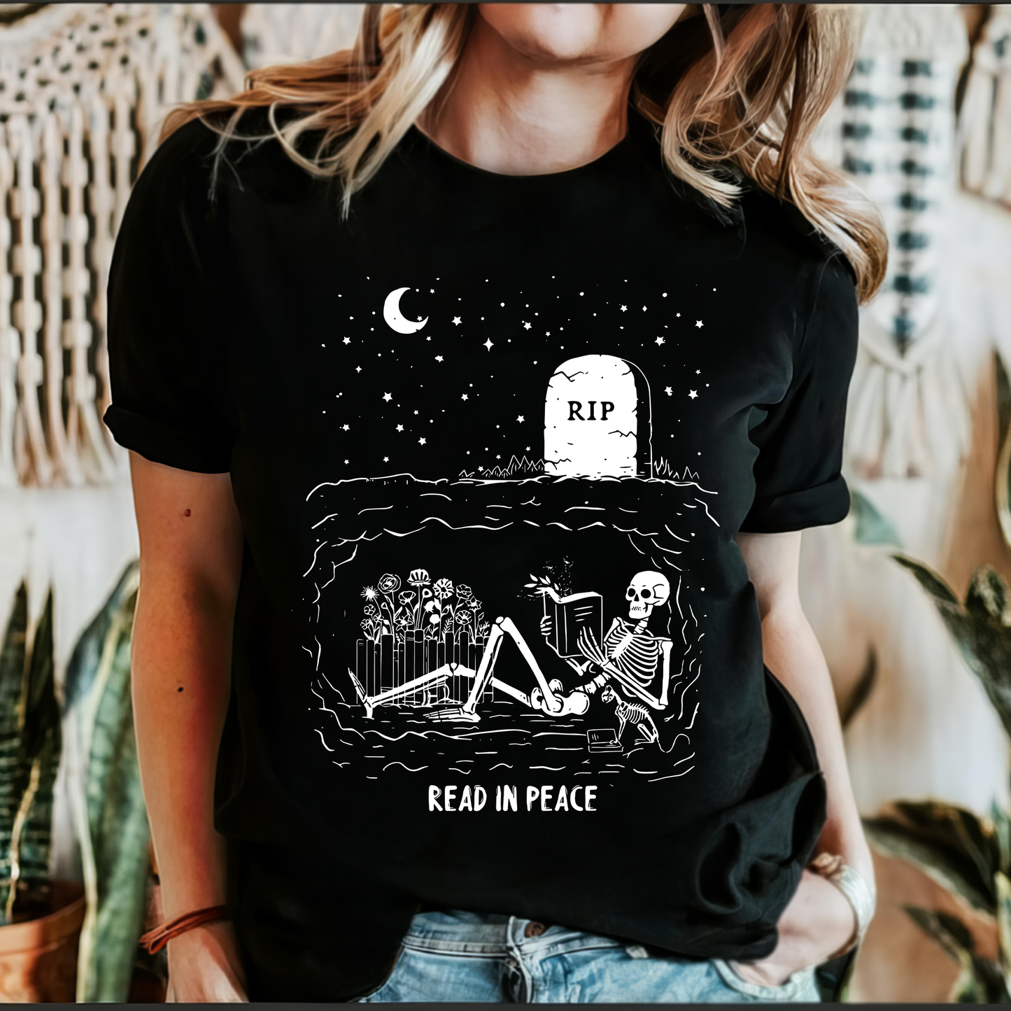 Read In Peace, Skeleton, RIP, Halloween, Booktok, Bookish, Library, Trending Tshirt, Graphic Tee, Black Tshirt