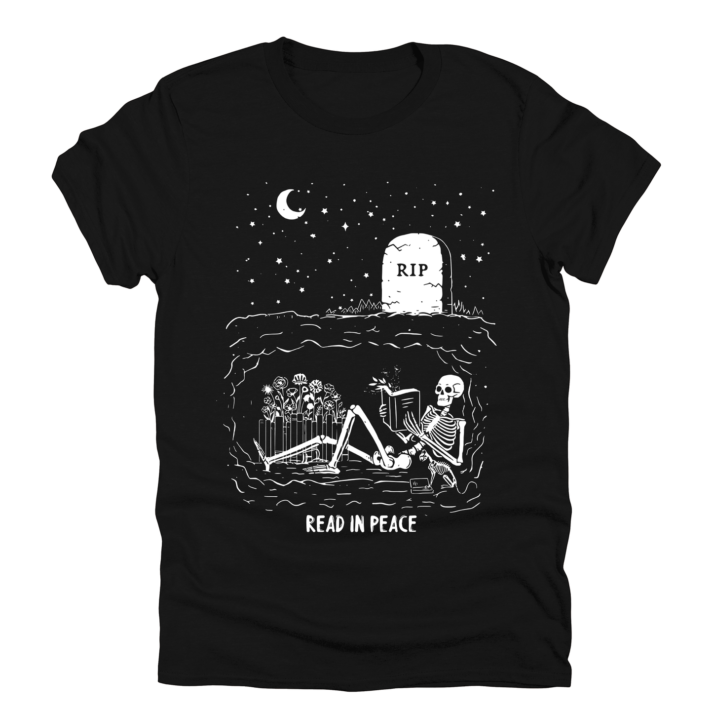 Read In Peace, Skeleton, RIP, Halloween, Booktok, Bookish, Library, Trending Tshirt, Graphic Tee, Black Tshirt