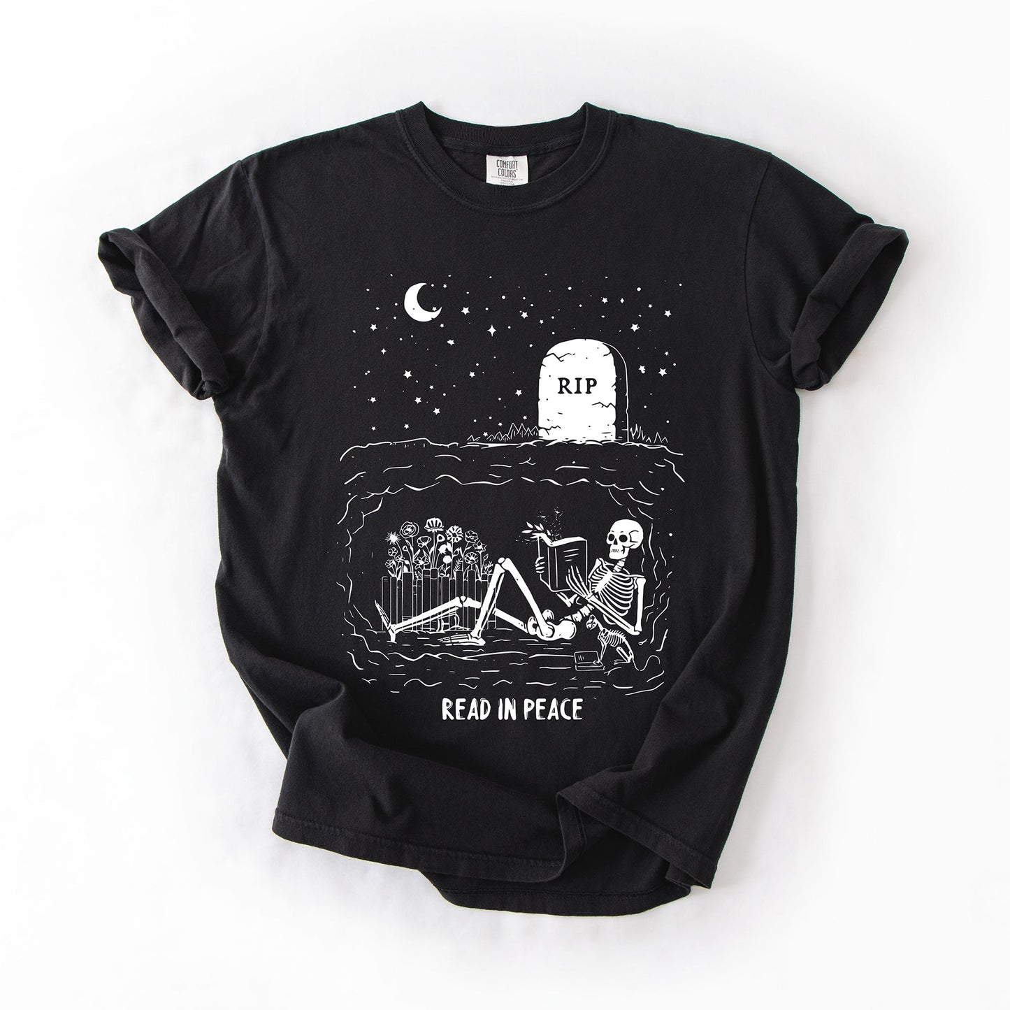 Read In Peace, Skeleton, RIP, Halloween, Booktok, Bookish, Library, Trending Graphic Tee, Comfort Colors T-Shirt